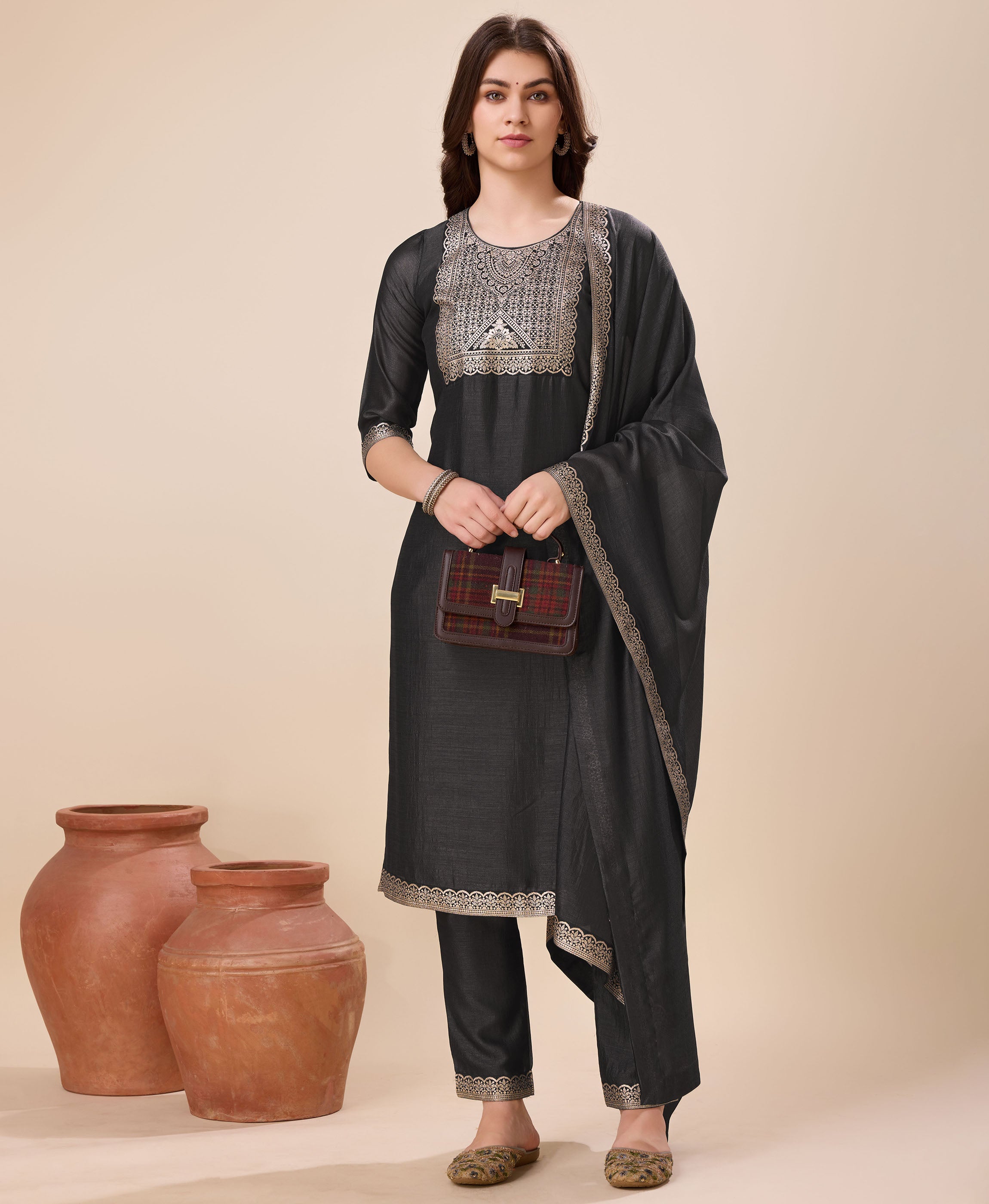 Her Couture Women's Grey Vichitra Silk Geometric Jacquard Kurta With Pant & Dupatta