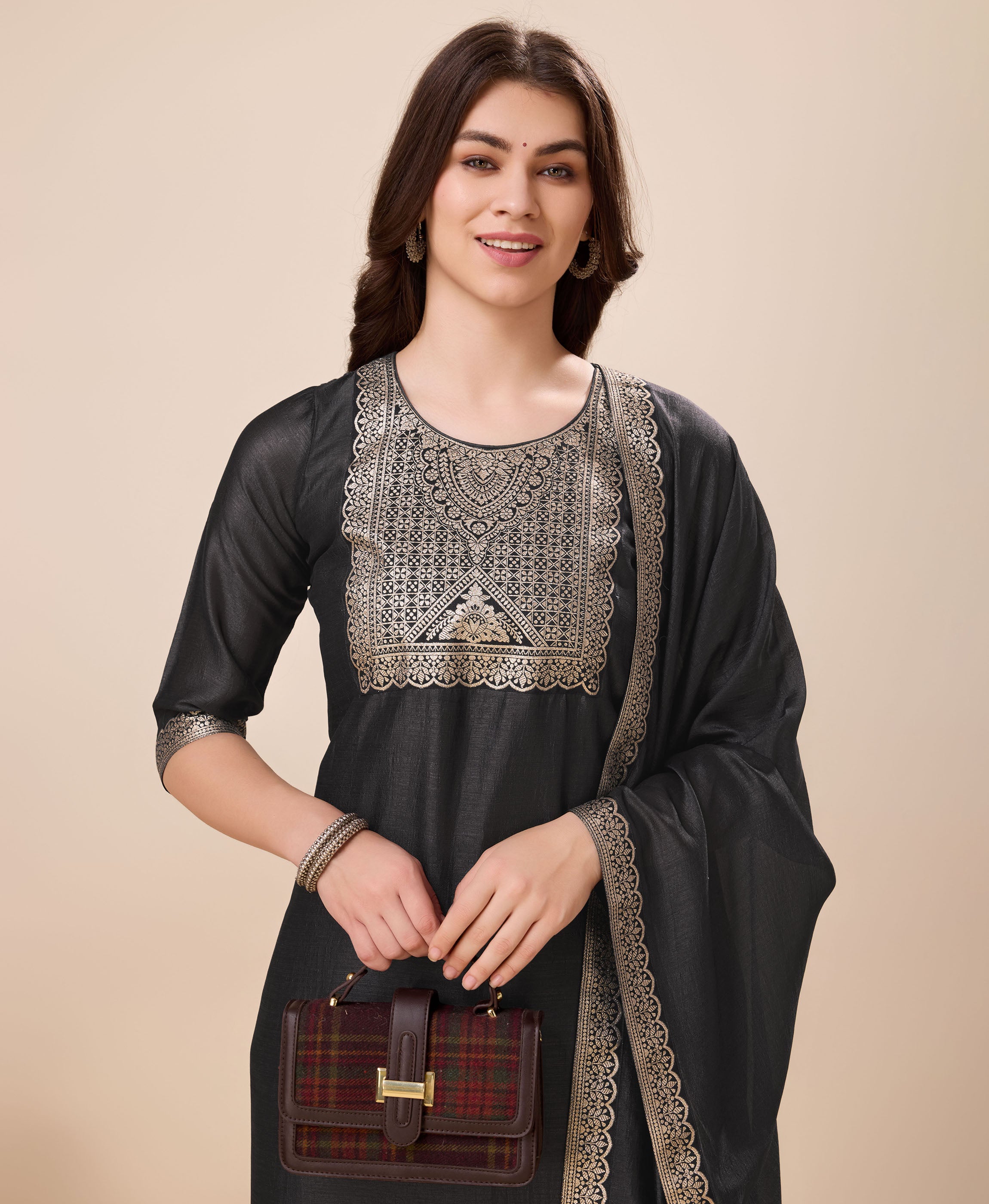 Her Couture Women's Grey Vichitra Silk Geometric Jacquard Kurta With Pant & Dupatta