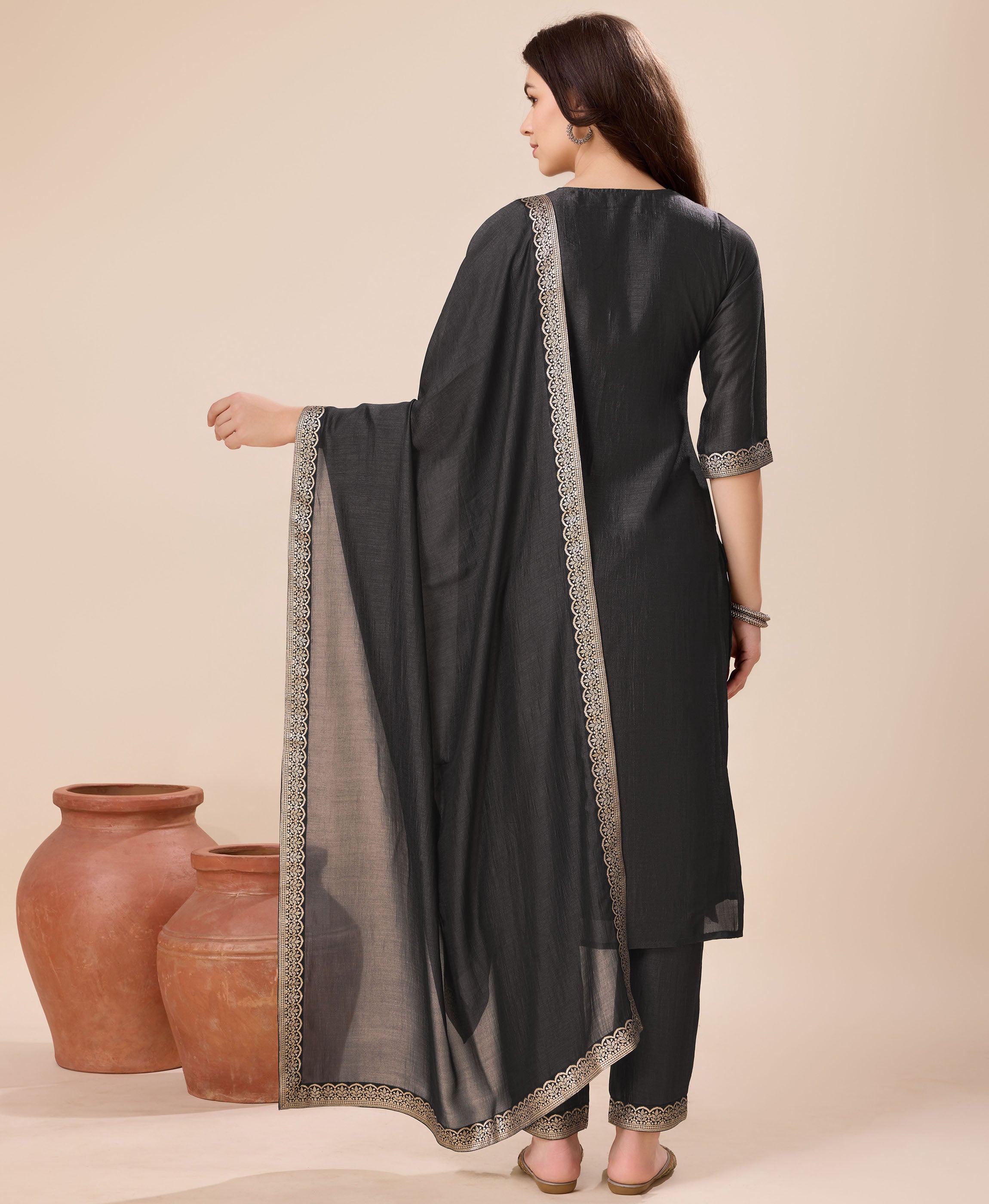 Her Couture Women's Grey Vichitra Silk Geometric Jacquard Kurta With Pant & Dupatta