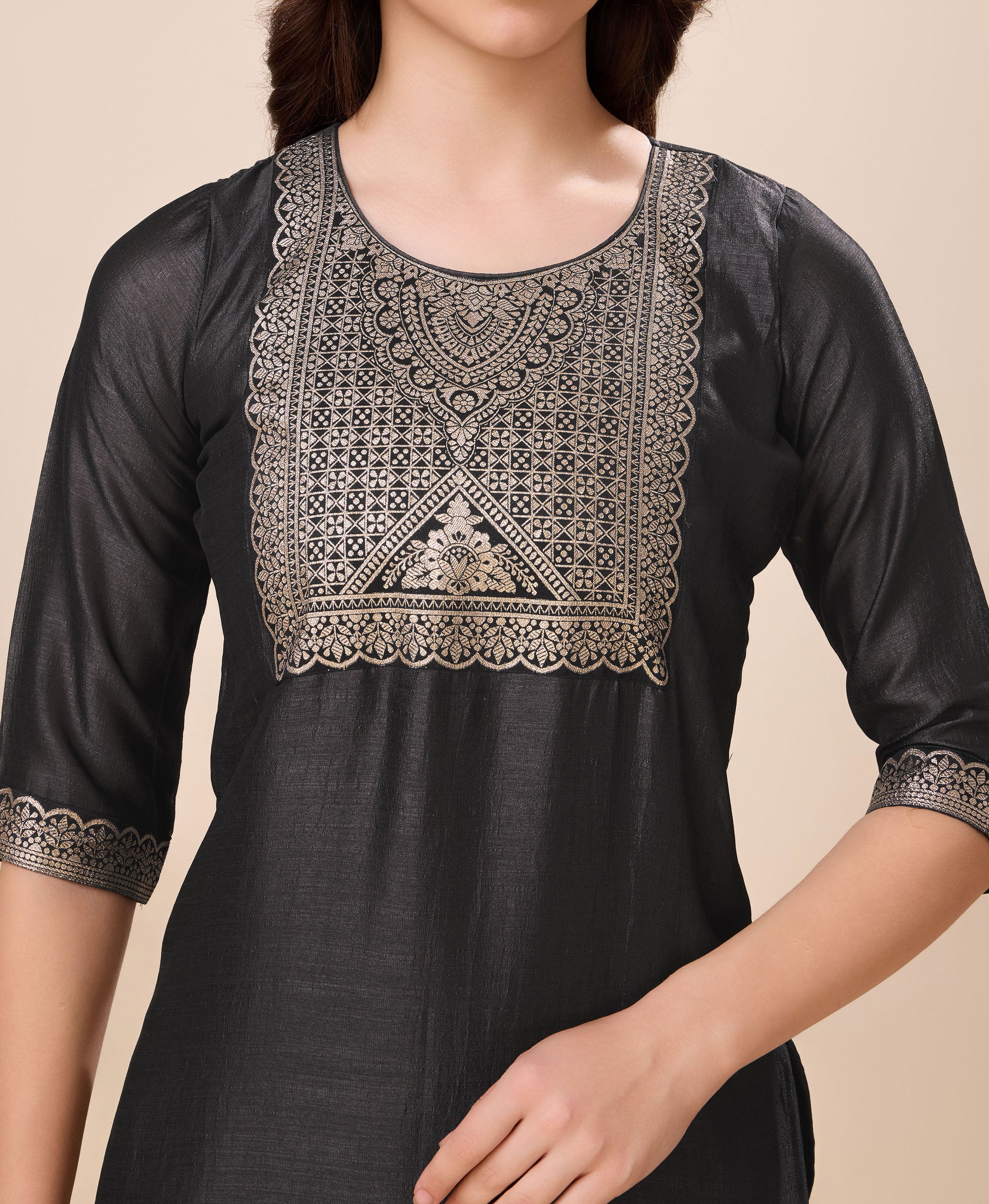 Her Couture Women's Grey Vichitra Silk Geometric Jacquard Kurta With Pant & Dupatta