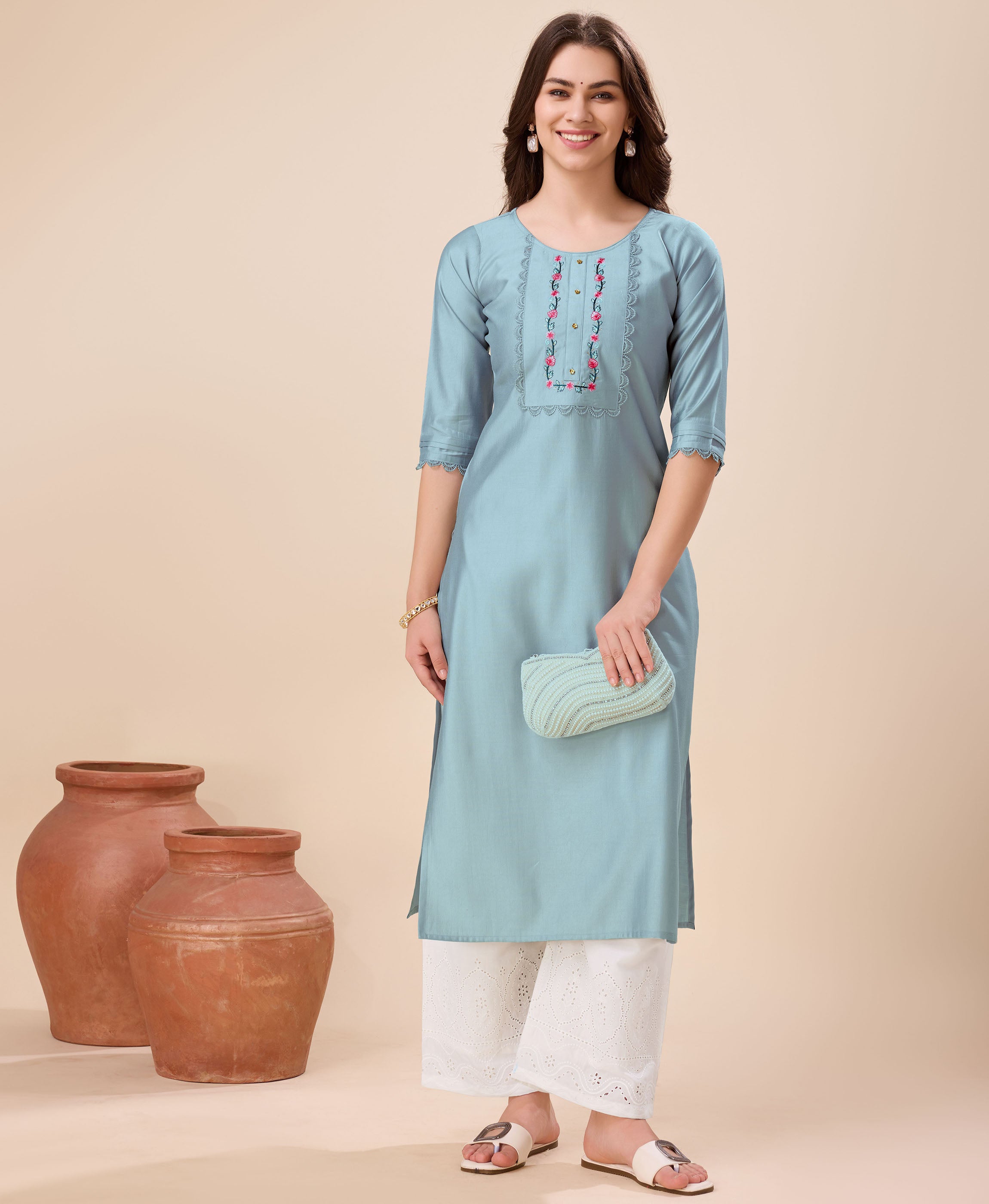 Her Couture Women's Grey Viscose Floral Embroidered Straight Kurta