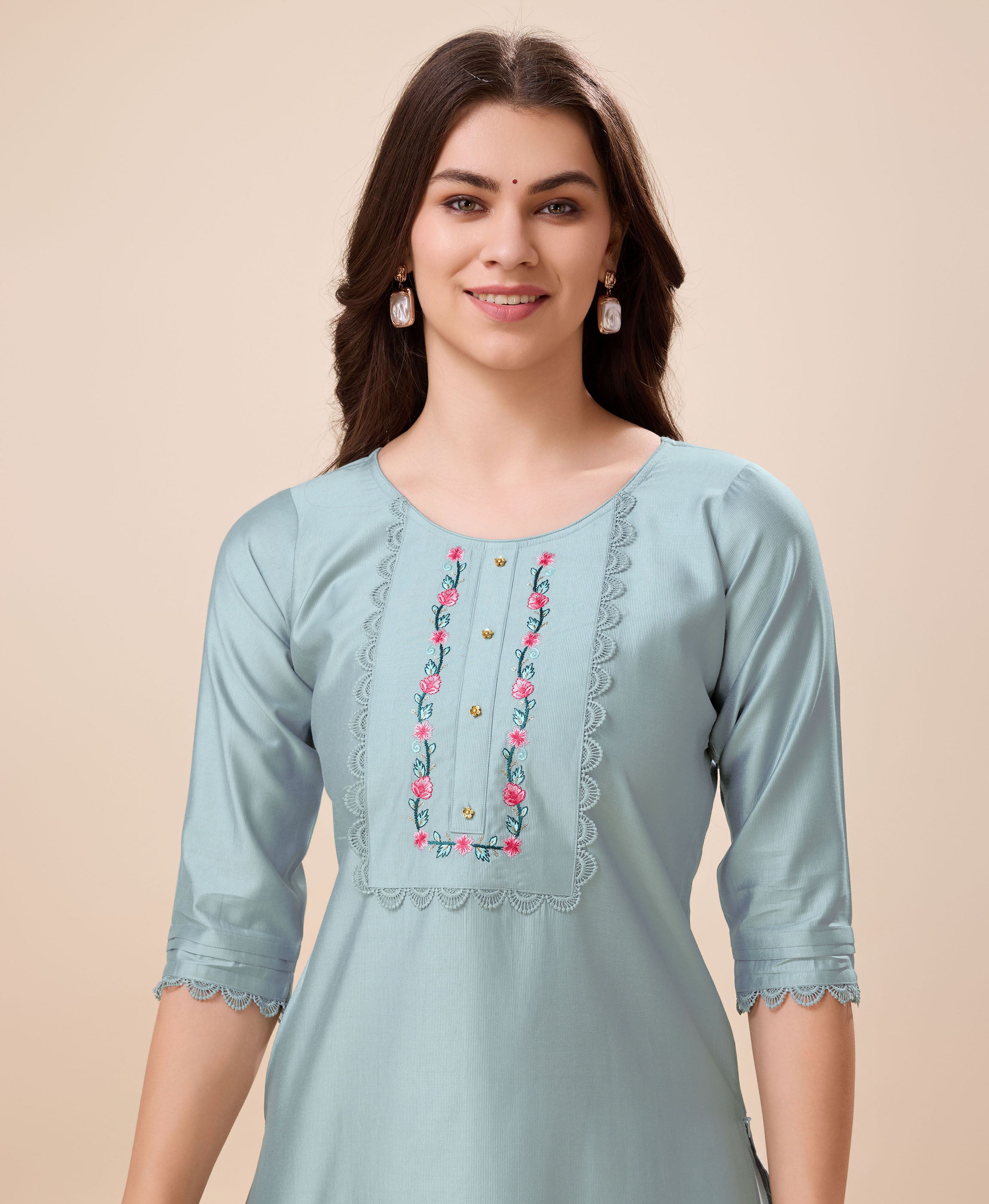 Her Couture Women's Grey Viscose Floral Embroidered Straight Kurta