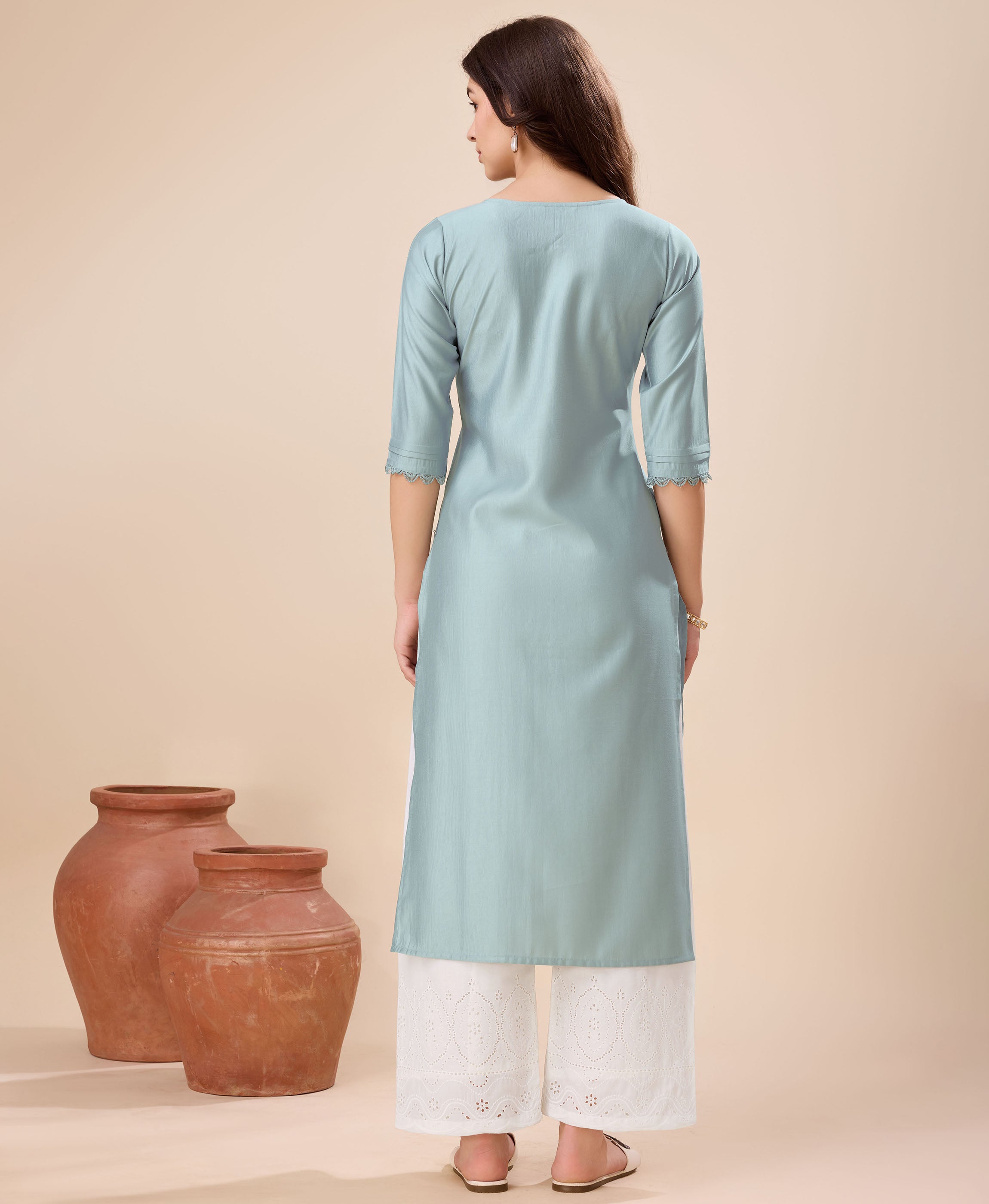 Her Couture Women's Grey Viscose Floral Embroidered Straight Kurta
