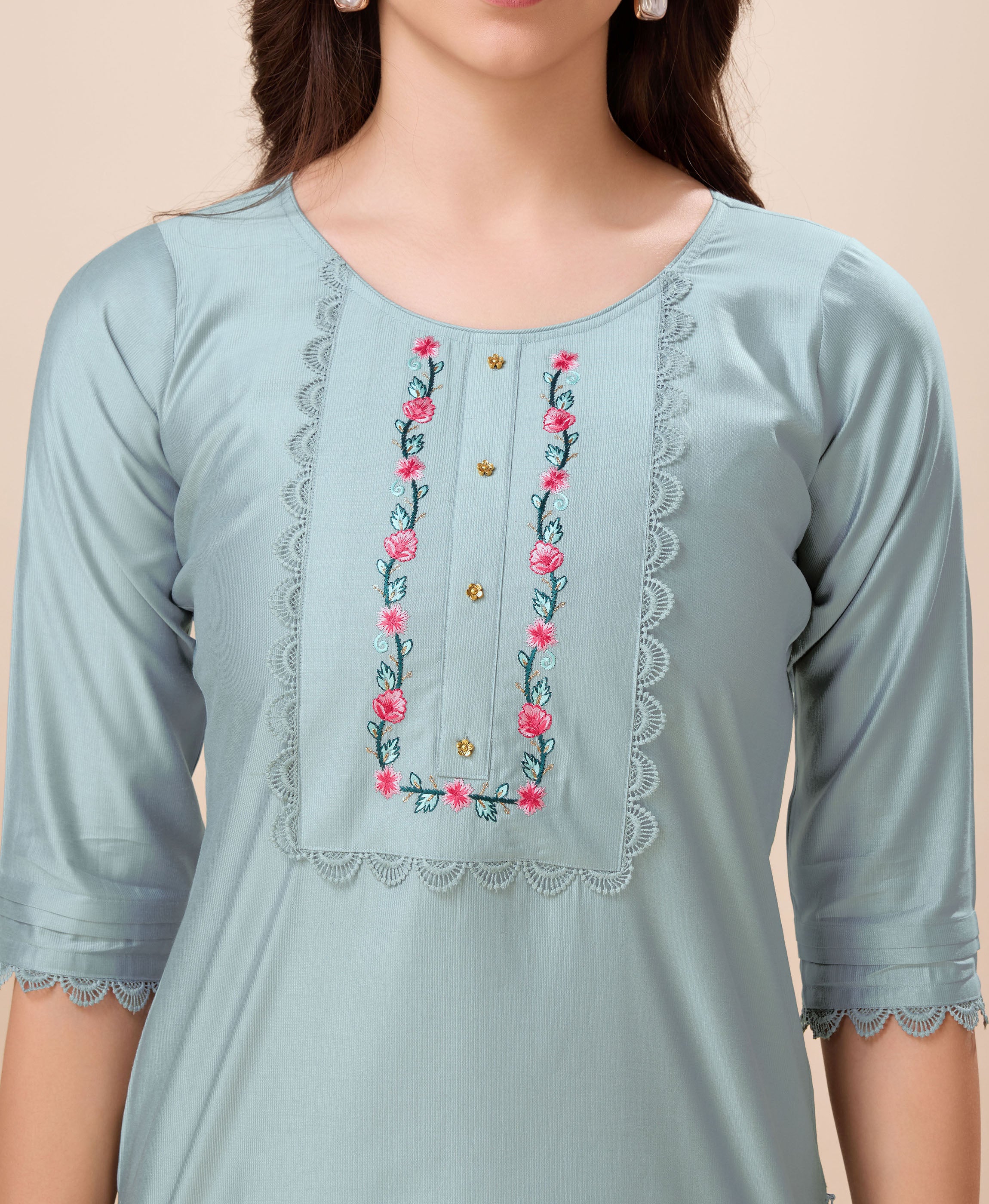 Her Couture Women's Grey Viscose Floral Embroidered Straight Kurta