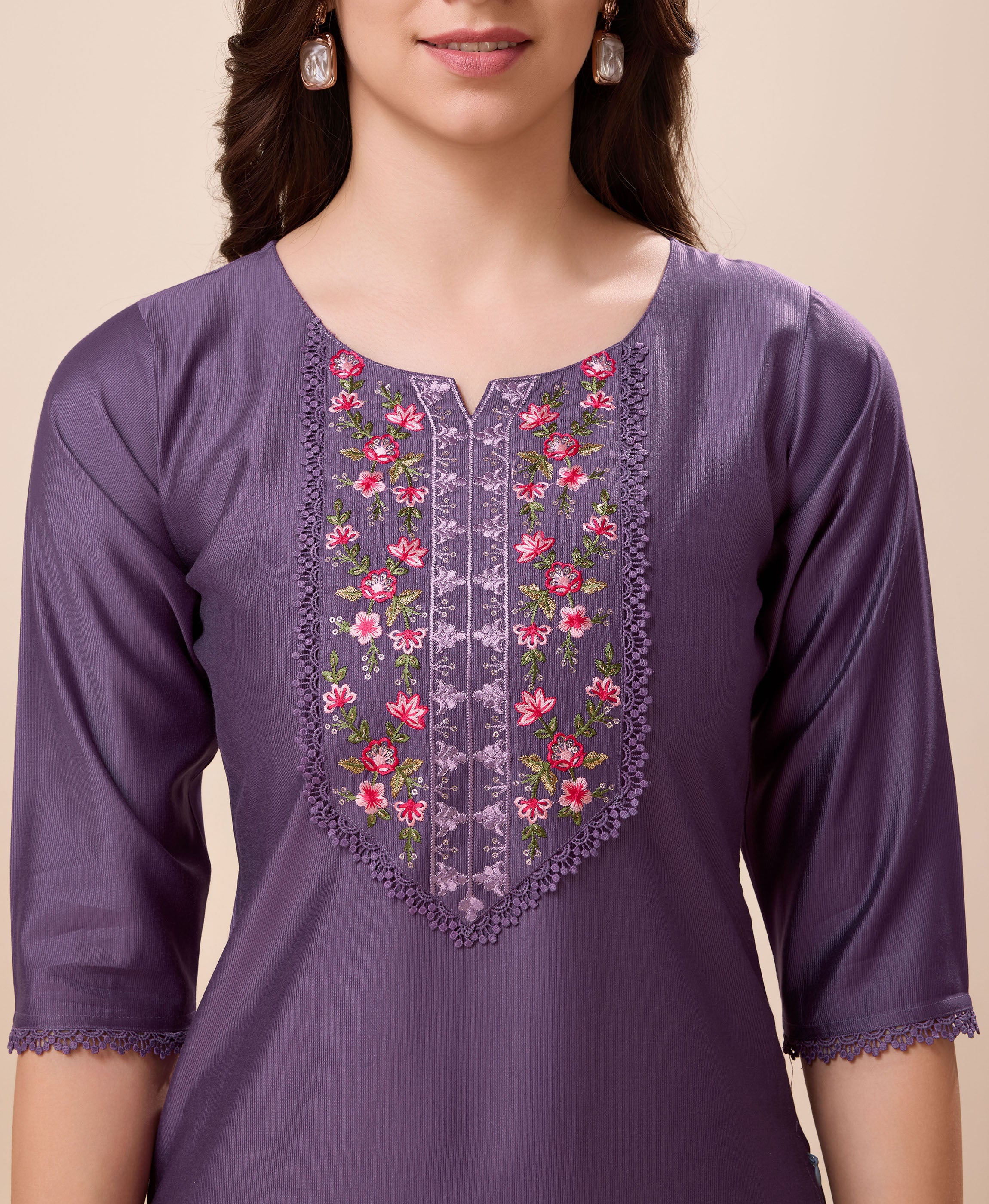 Her Couture Women's Mauve Viscose Floral Embroidered Straight Kurta