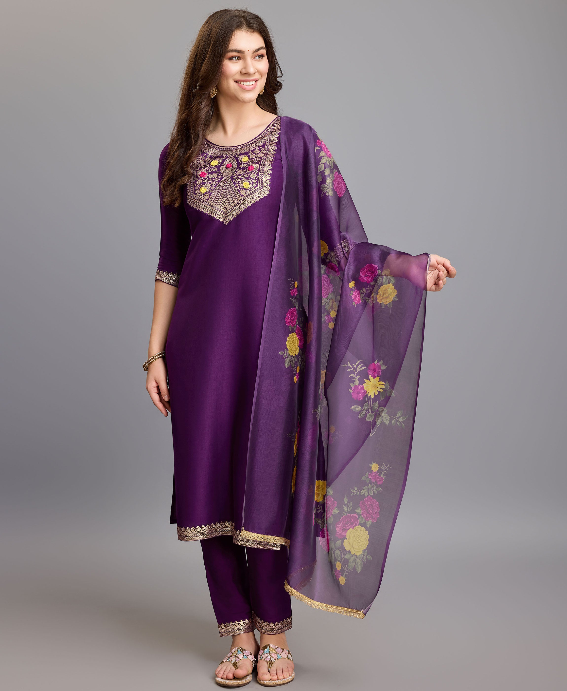 Purple Chinon Silk Straight Party Kurta Set by Her Couture