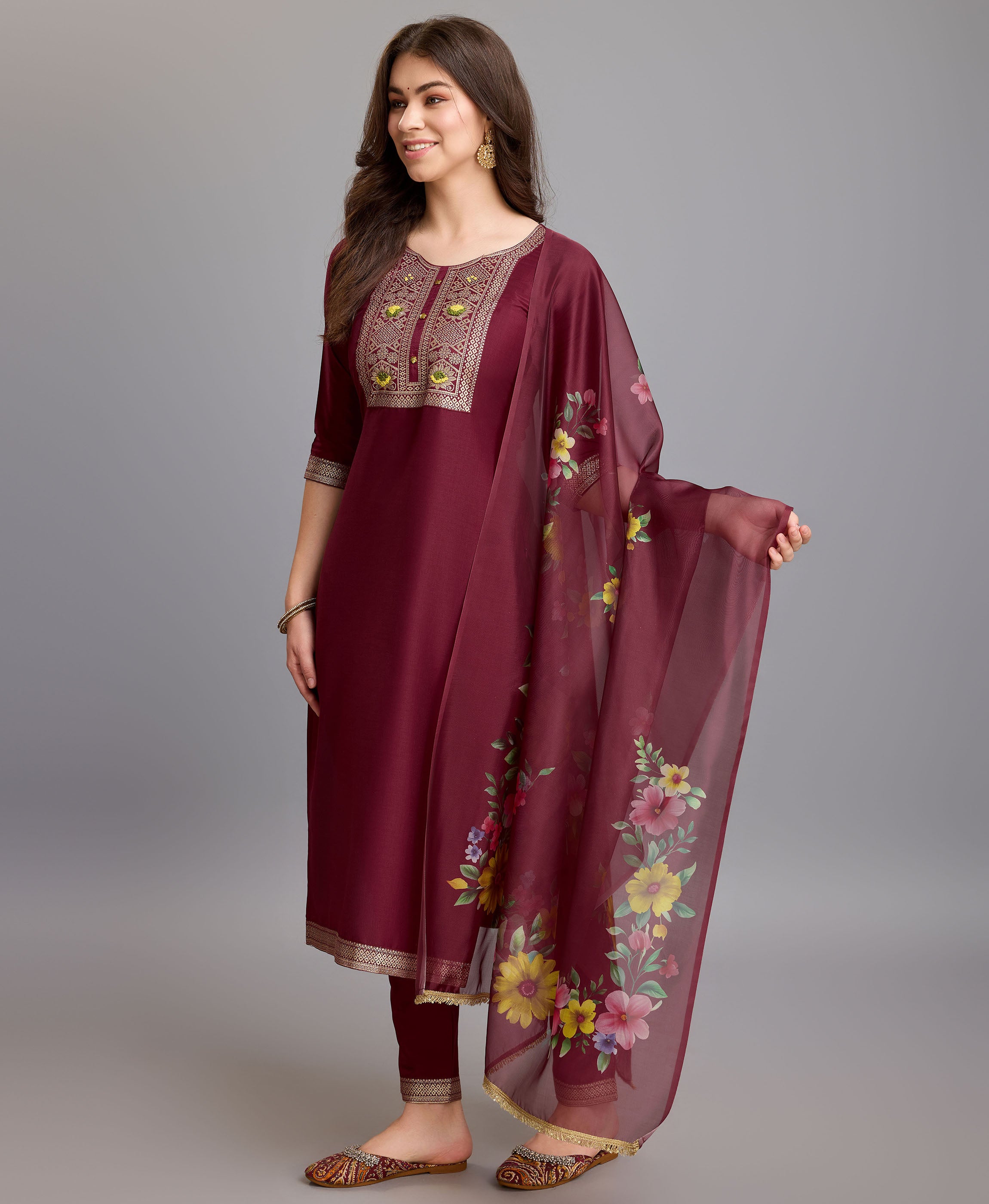 Her Couture Women's Maroon Chinon Silk Geometric Jacquard Kurta With Pant & Dupatta