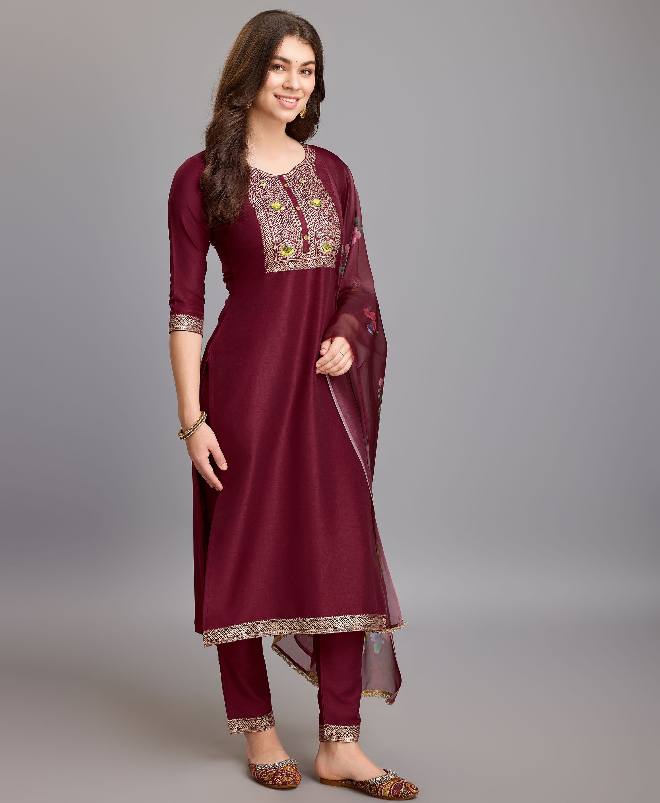 Her Couture Women's Maroon Chinon Silk Geometric Jacquard Kurta With Pant & Dupatta