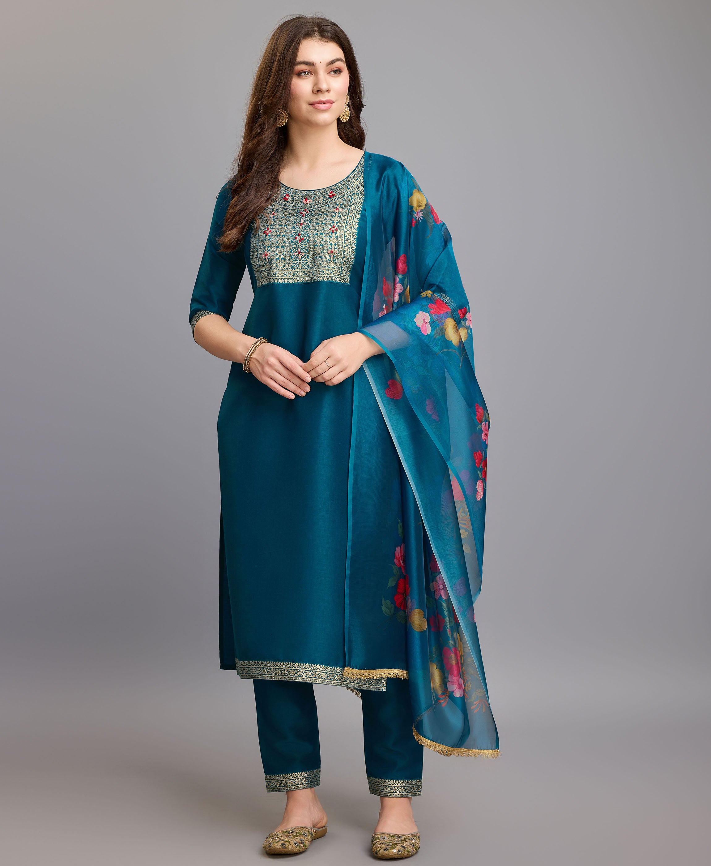 Teal Chinon Silk Straight Party Kurta Set by Her Couture