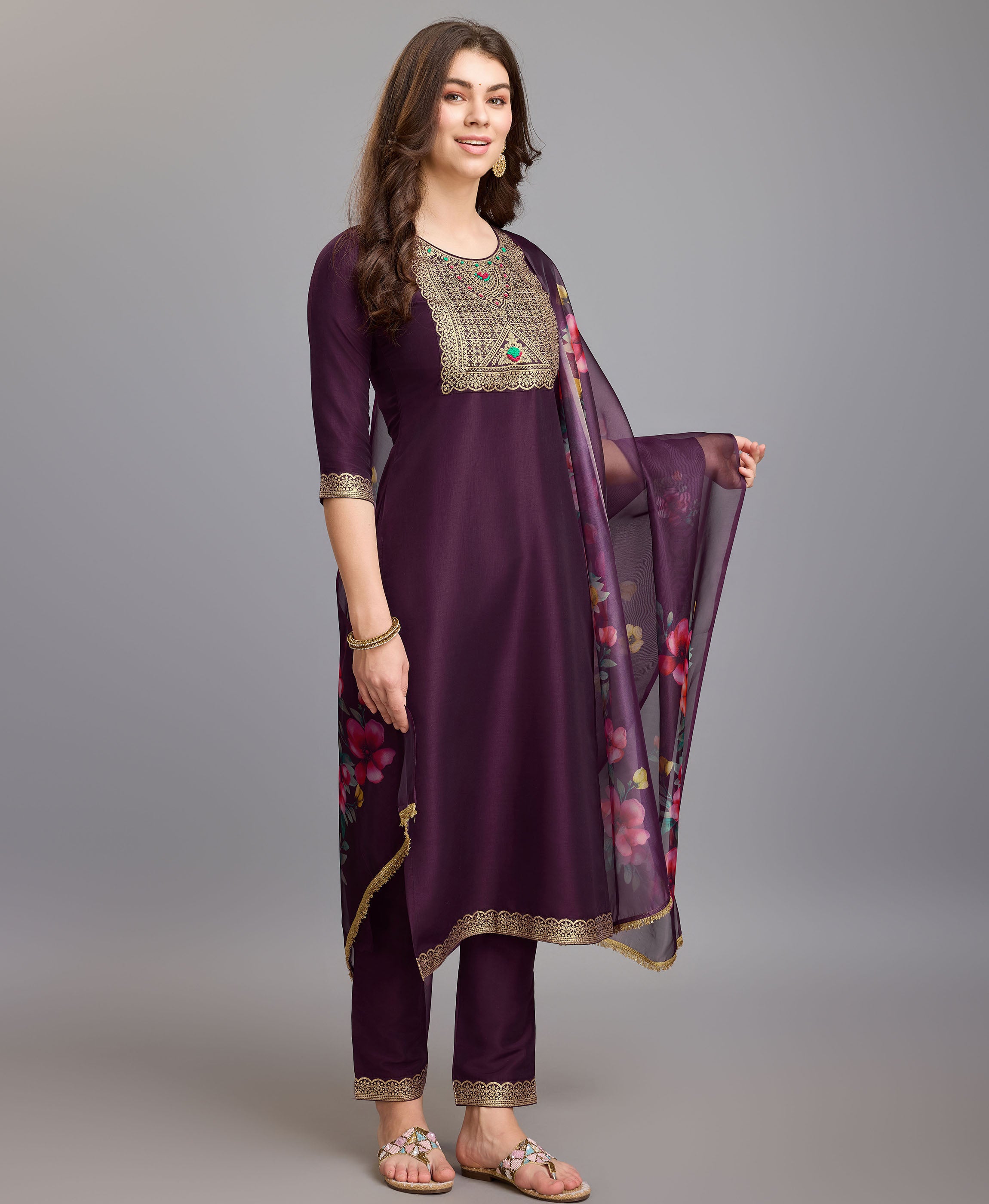 Her Couture Women's Burgundy Chinon Silk Geometric Jacquard Kurta With Pant & Dupatta