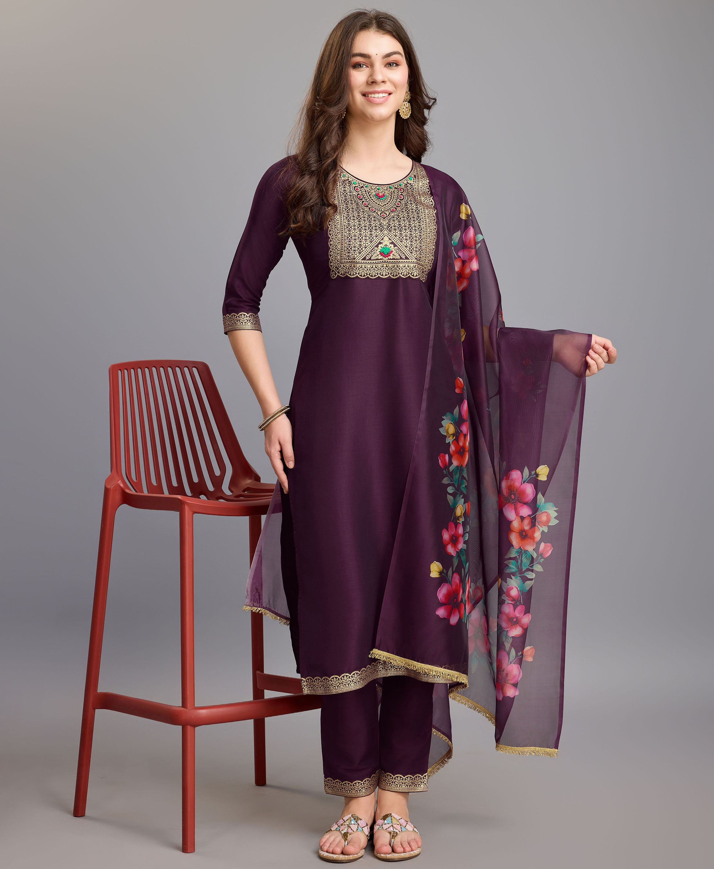 Her Couture Women's Burgundy Chinon Silk Geometric Jacquard Kurta With Pant & Dupatta