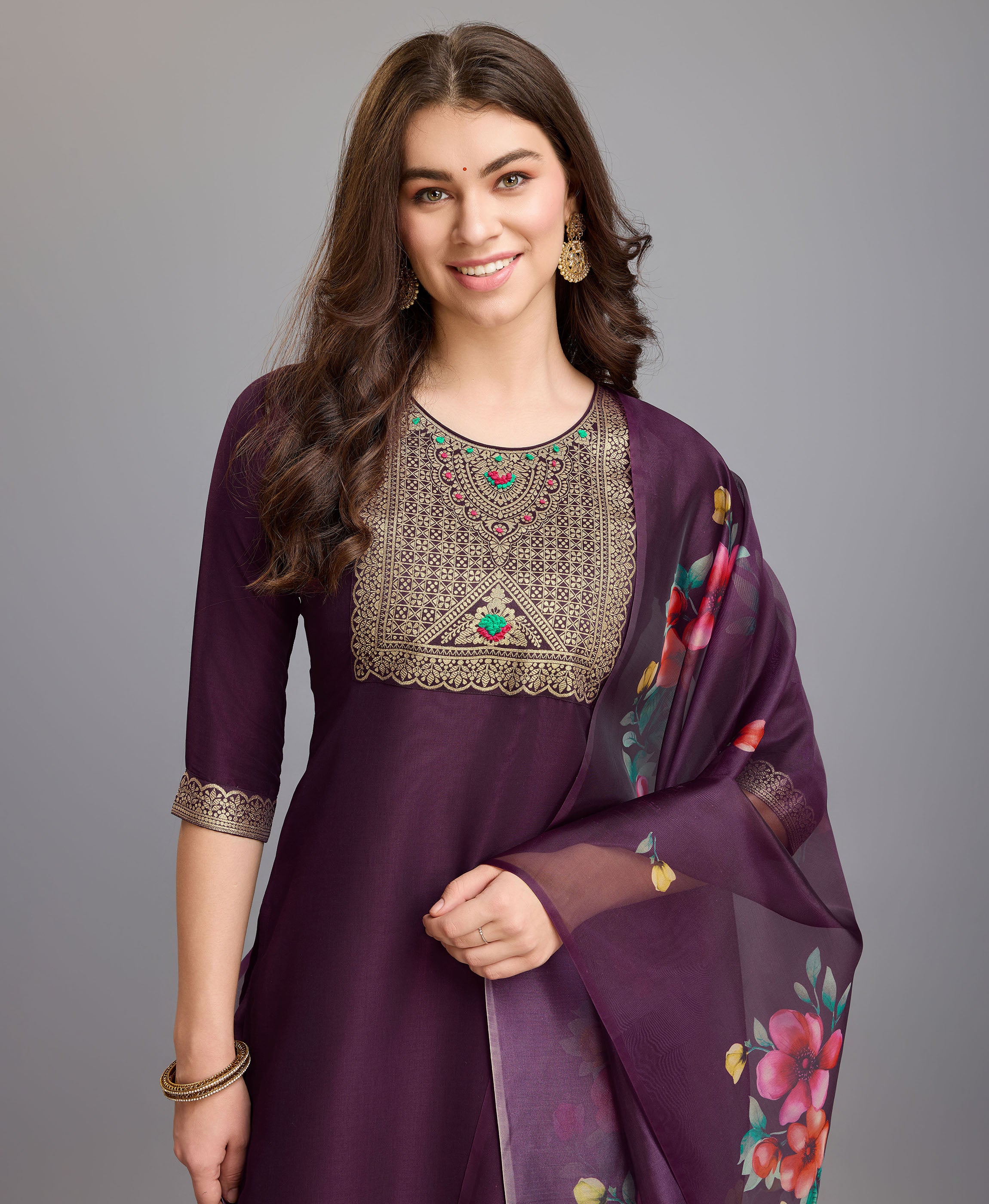 Her Couture Women's Burgundy Chinon Silk Geometric Jacquard Kurta With Pant & Dupatta