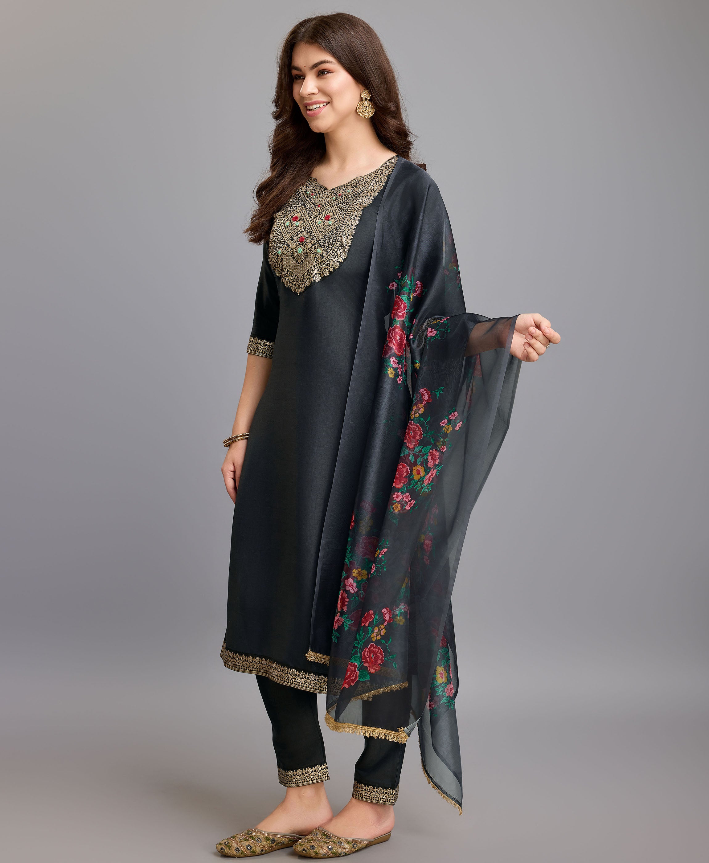 Her Couture Women's Grey Chinon Silk Geometric Jacquard Kurta With Pant & Dupatta