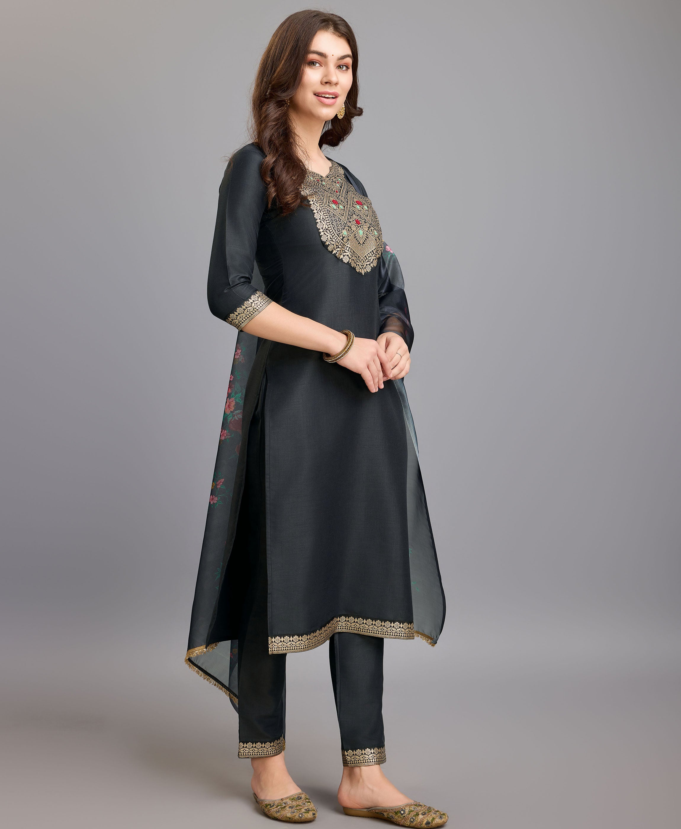Her Couture Women's Grey Chinon Silk Geometric Jacquard Kurta With Pant & Dupatta