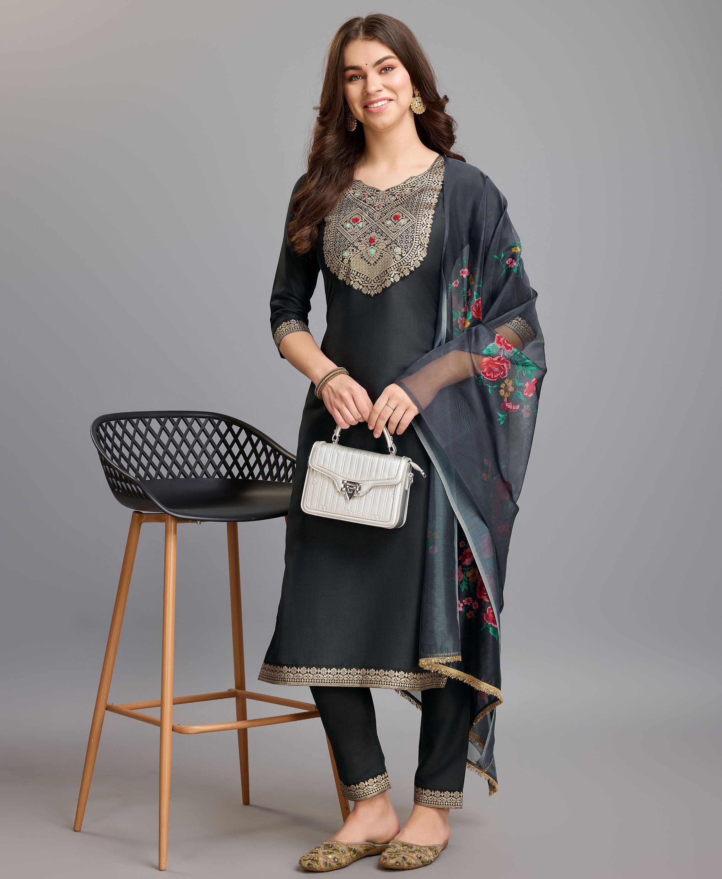 Her Couture Women's Grey Chinon Silk Geometric Jacquard Kurta With Pant & Dupatta