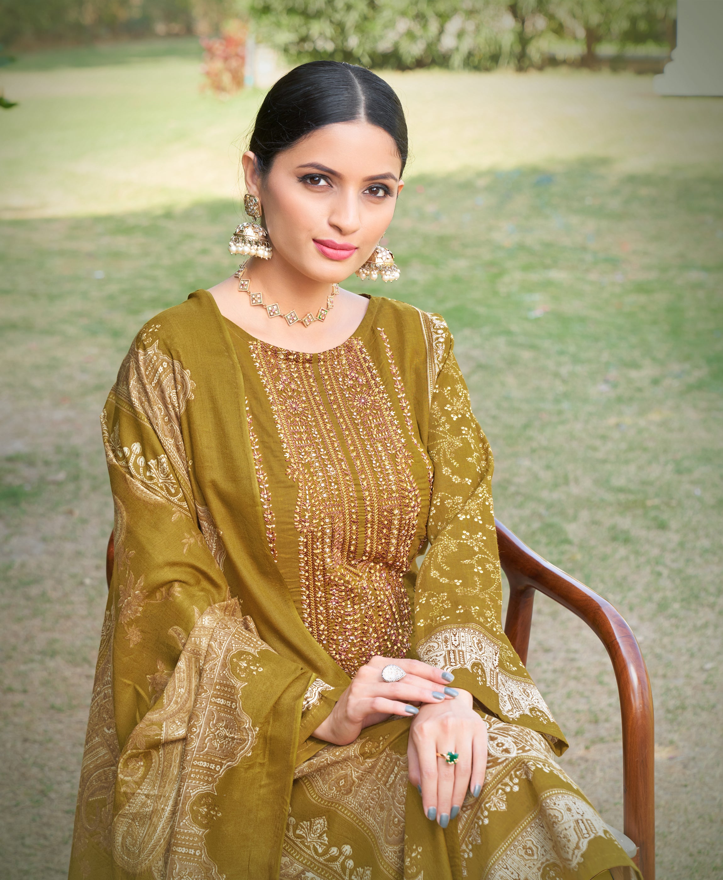 Her Couture Women's Lime Green Cotton Paisley Embroidered Pakistani Style Kurta With Pant & Dupatta