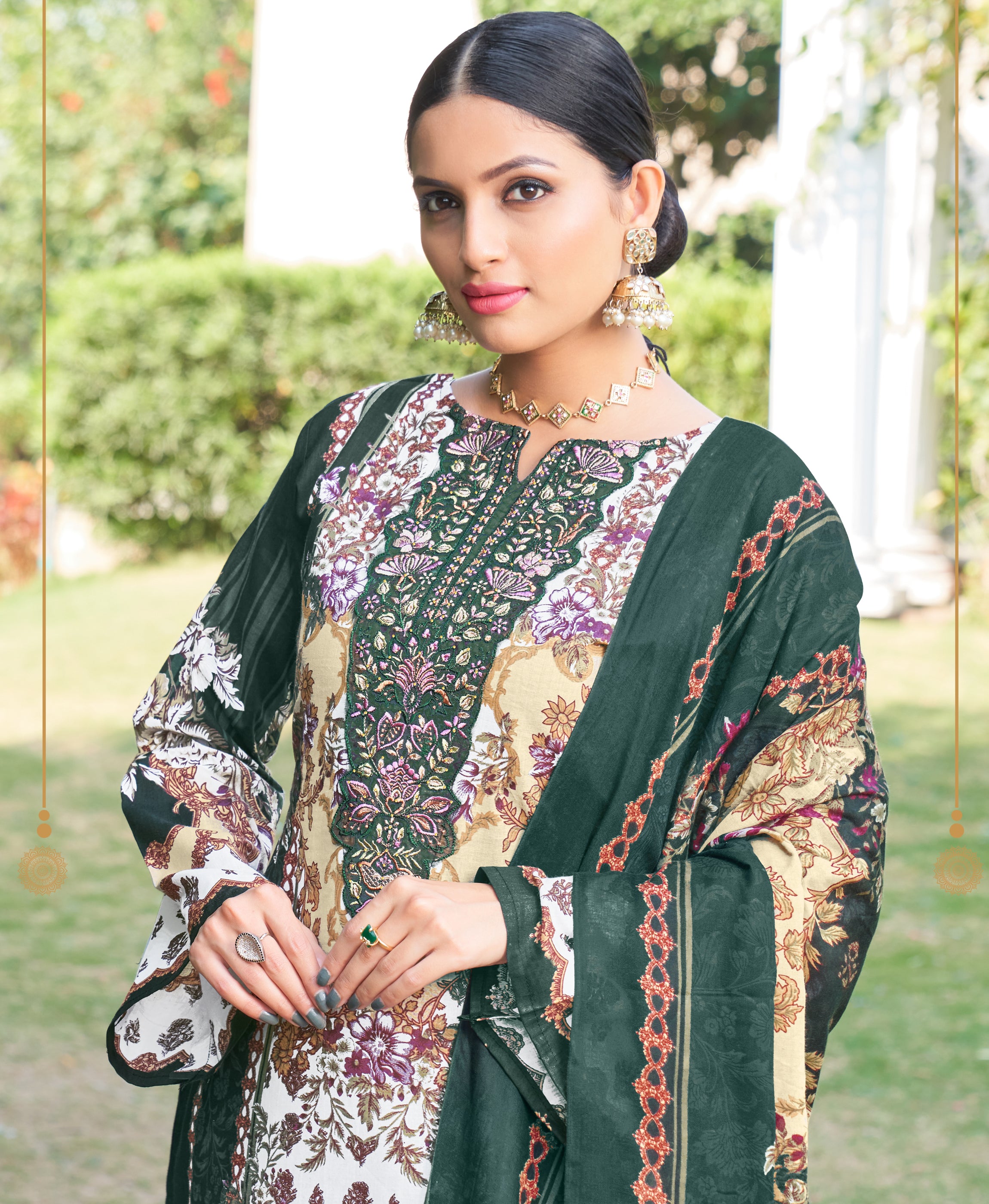 Her Couture Women's Dark Green Cotton Ethnic Motifs Embroidered Pakistani Style Kurta With Pant & Dupatta