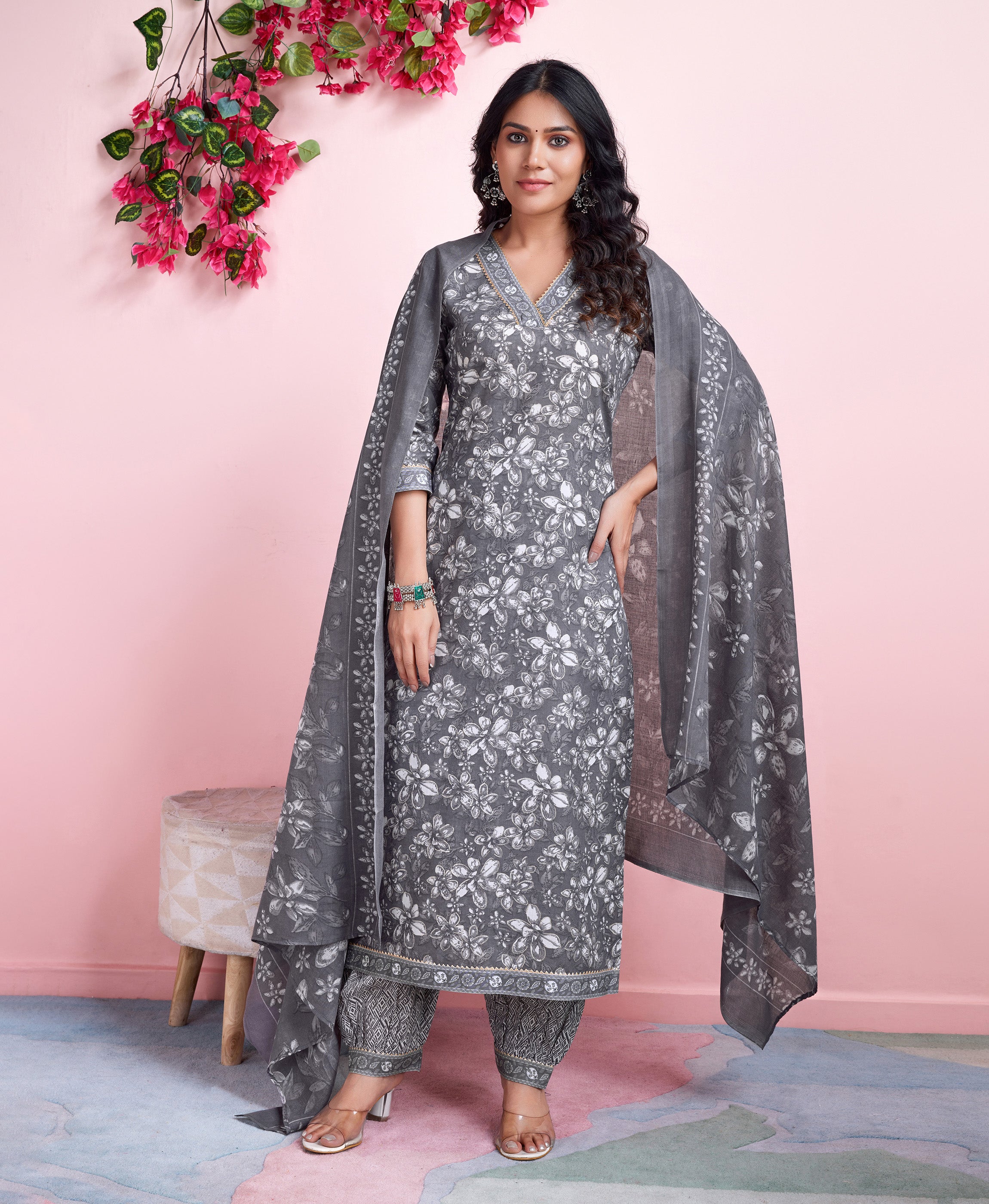 Grey Cotton Straight Casual Kurta Set by Her Couture