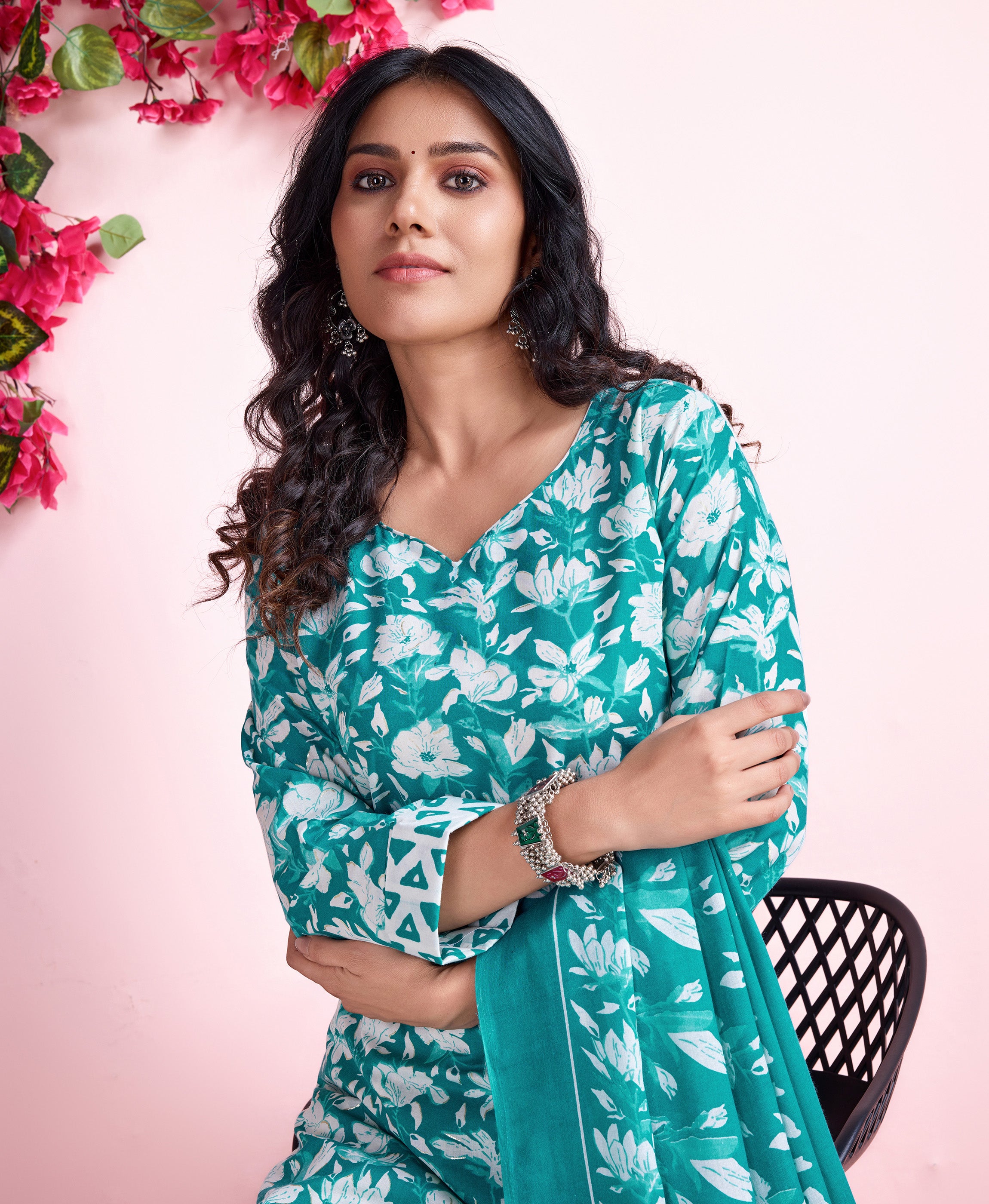 Her Couture Women's Sea Green Cotton Floral Block Print Straight Kurta With Palazzo & Dupatta