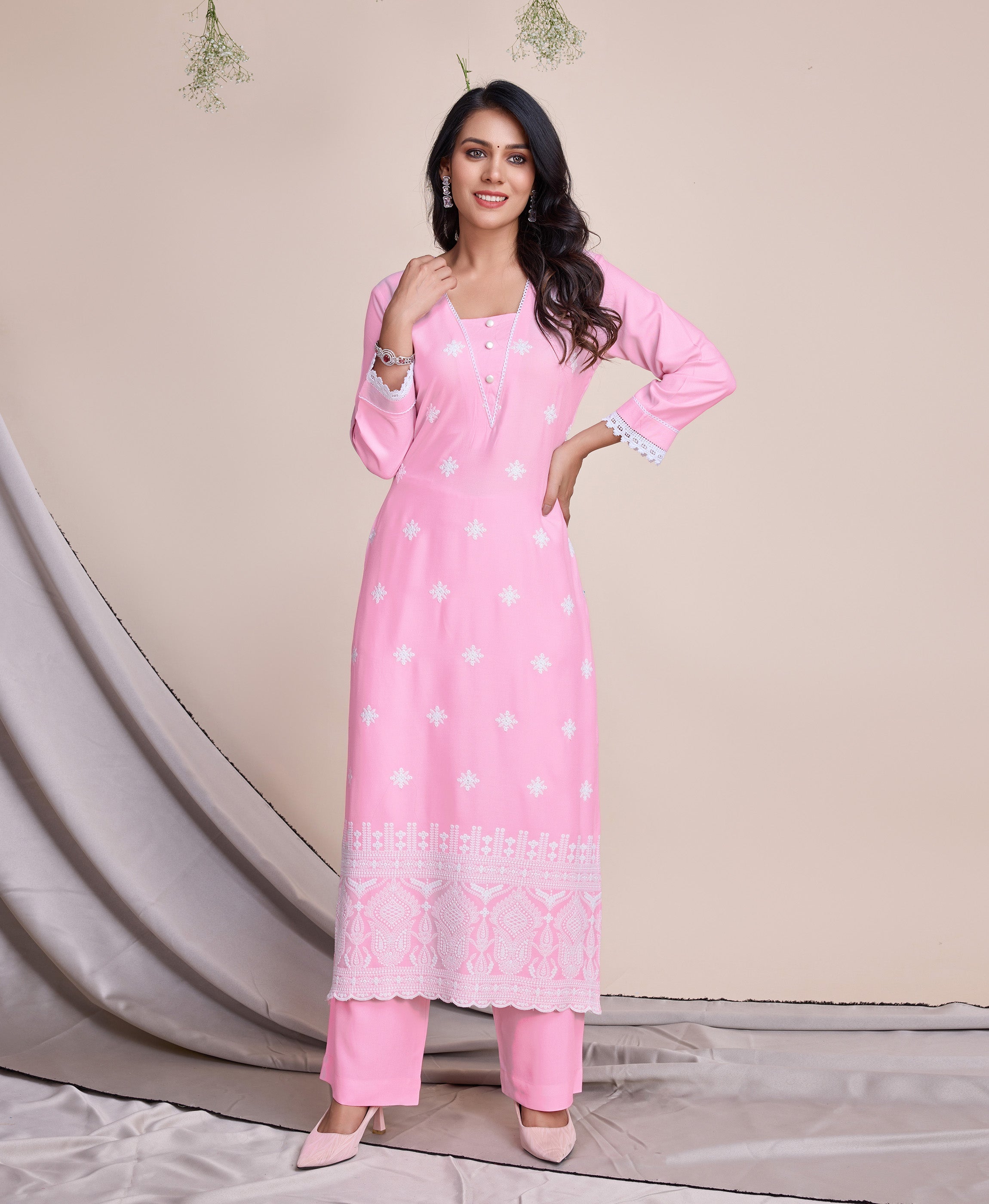 Pink Rayon Straight Party Kurta Set by Her Couture