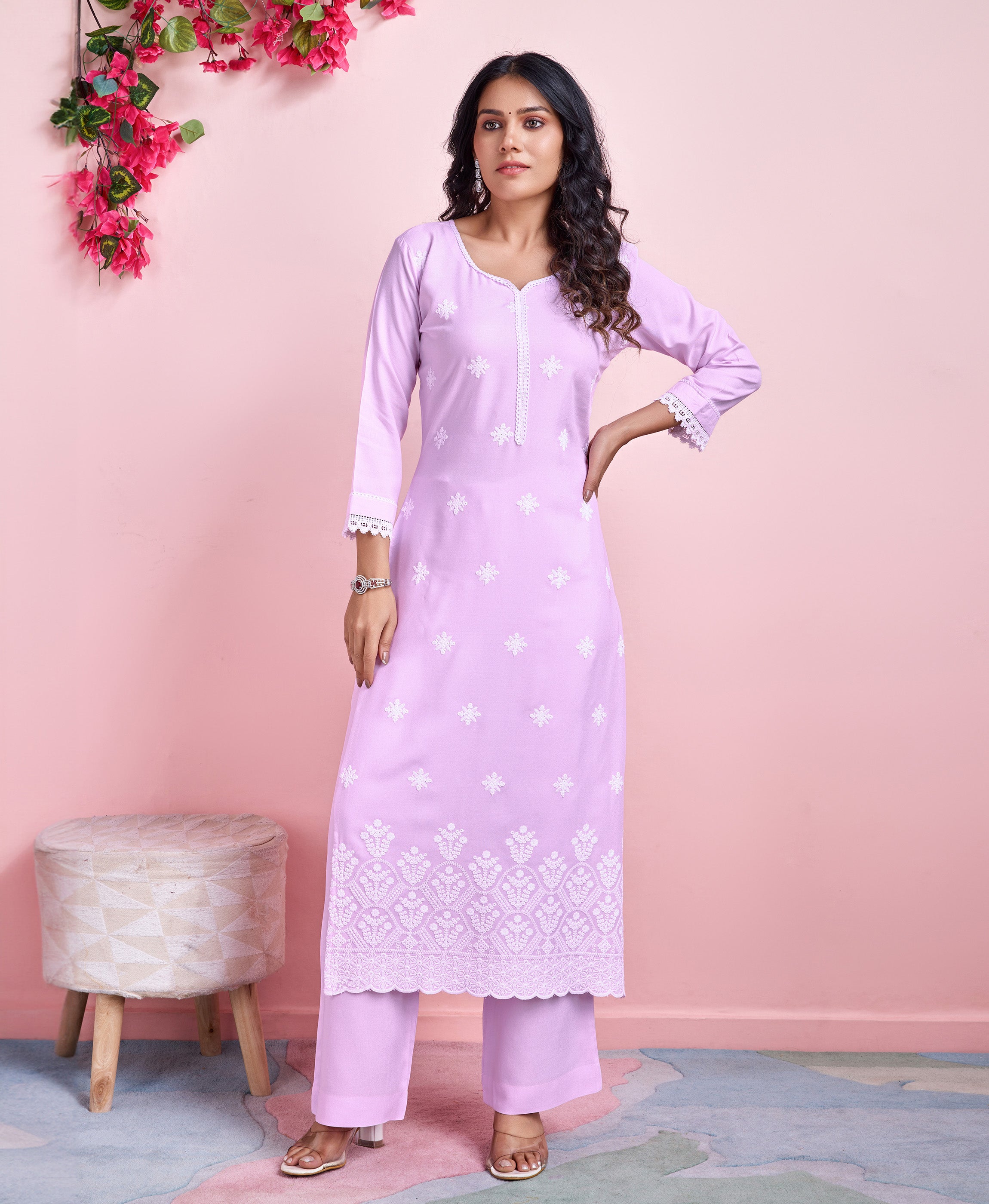 Lavender Rayon Straight Party Kurta Set by Her Couture