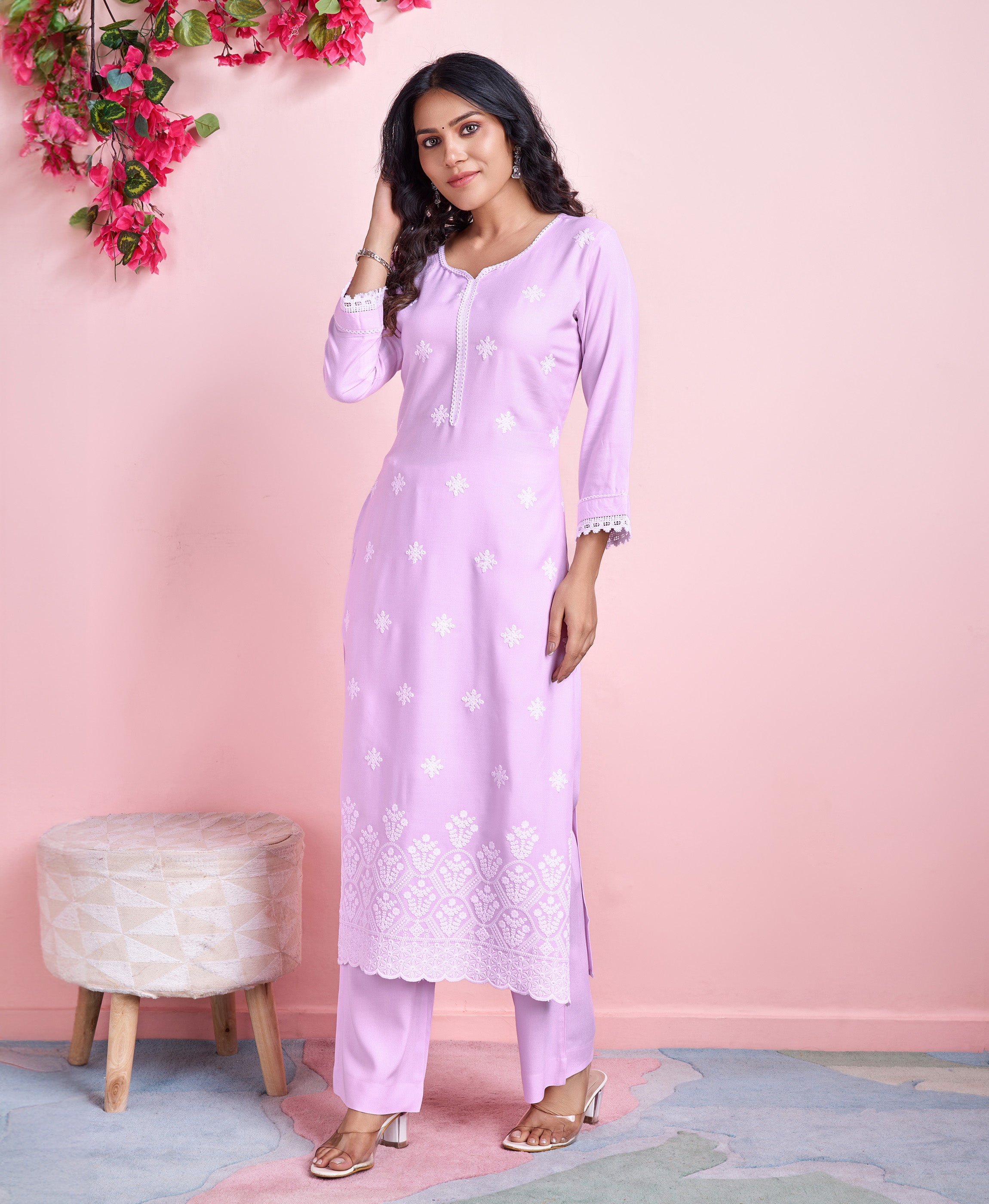 Her Couture Women's Lavender Rayon Floral Chikankari Straight Kurta With Palazzo