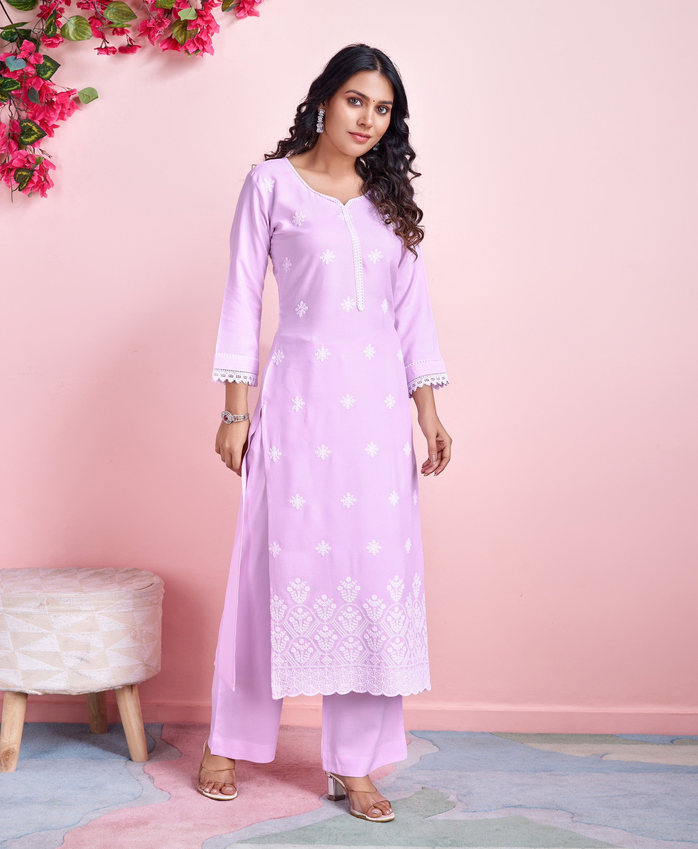 Her Couture Women's Lavender Rayon Floral Chikankari Straight Kurta With Palazzo
