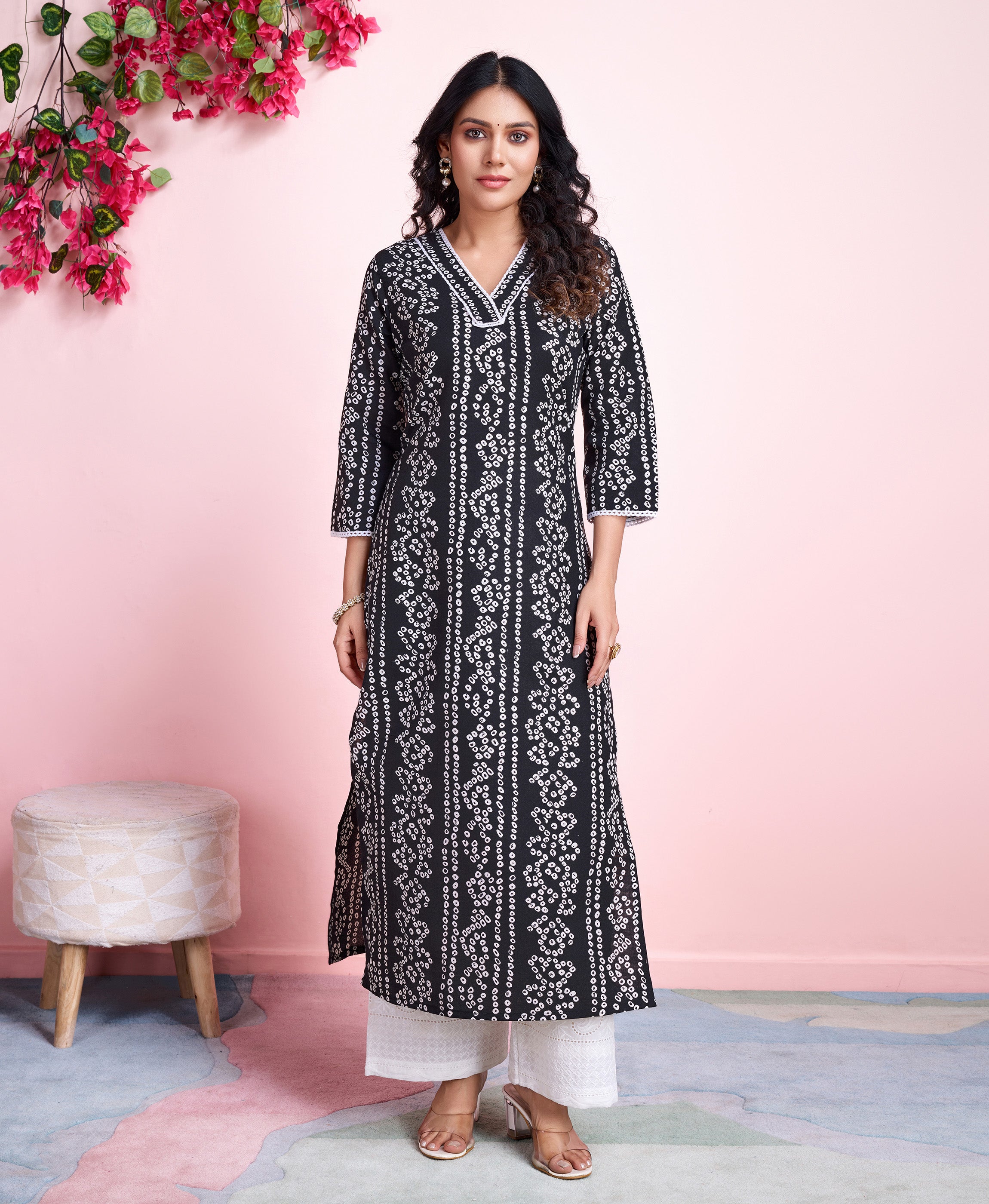 Her Couture Women's Black Linen Bandhani Straight Kurta