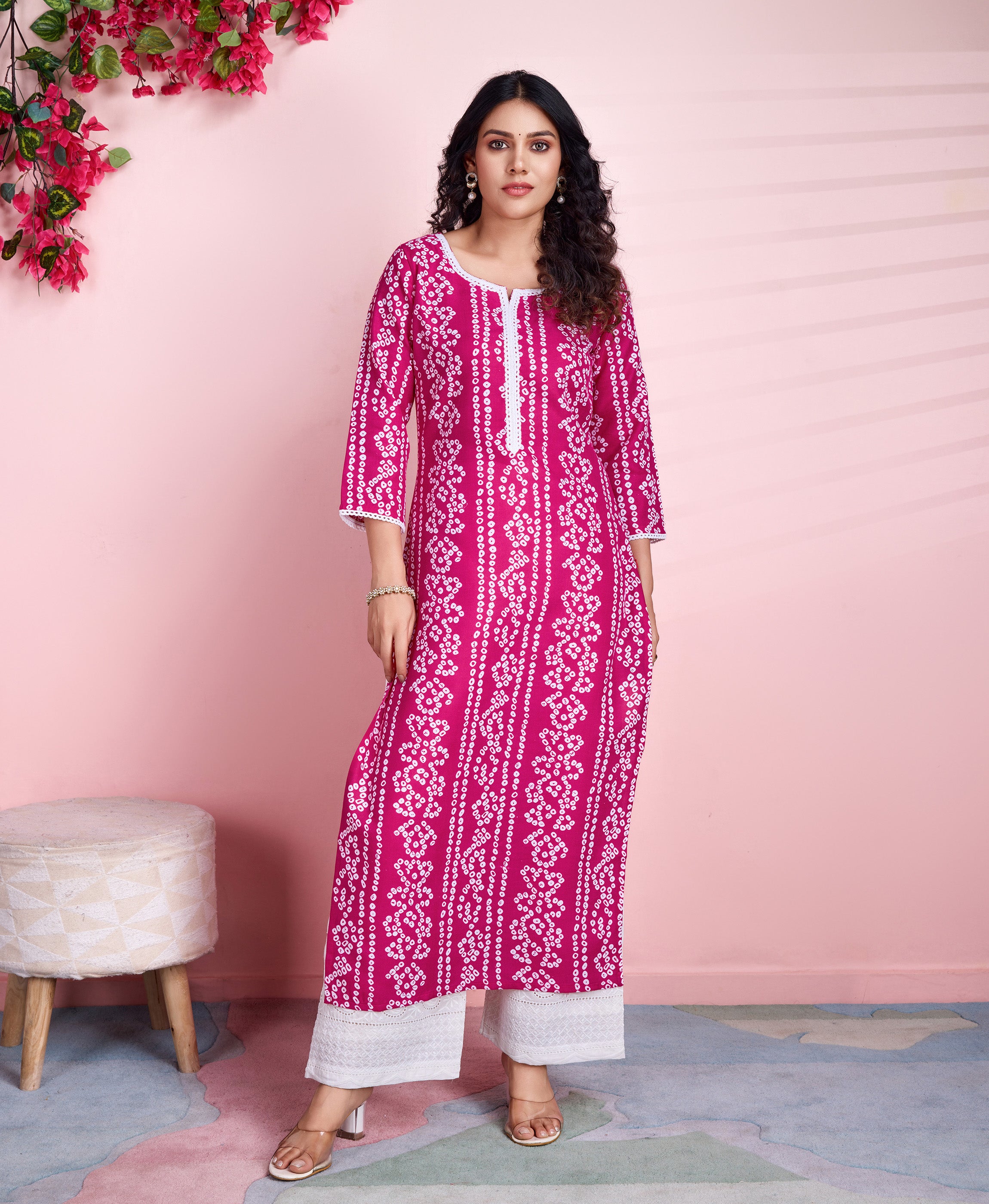 Her Couture Women's Pink Linen Bandhani Straight Kurta