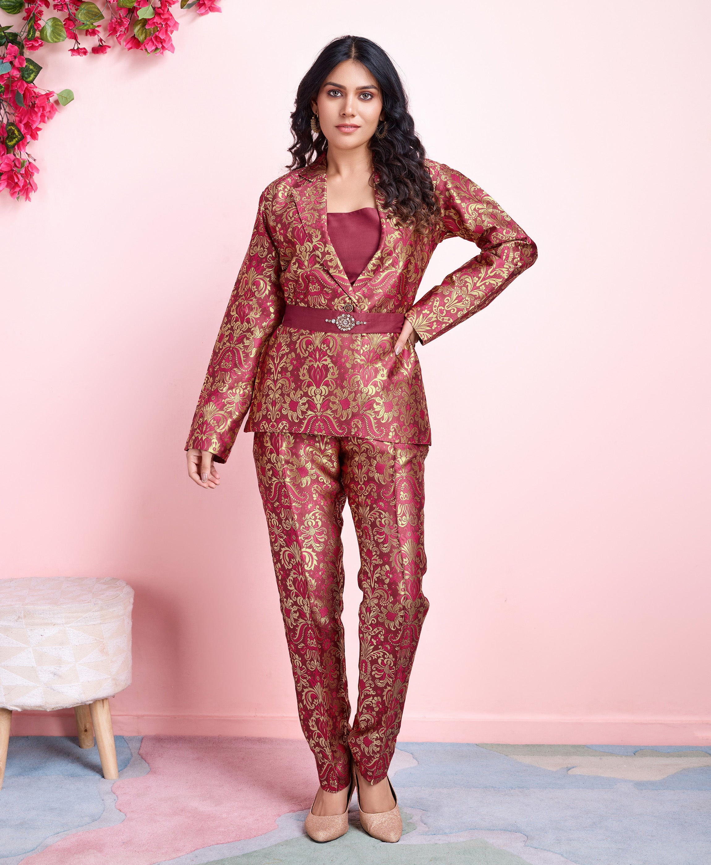 Her Couture Women's Rust Jacquard Ethnic Motifs Brocade Woven Design Festive & Party Co-ord Set