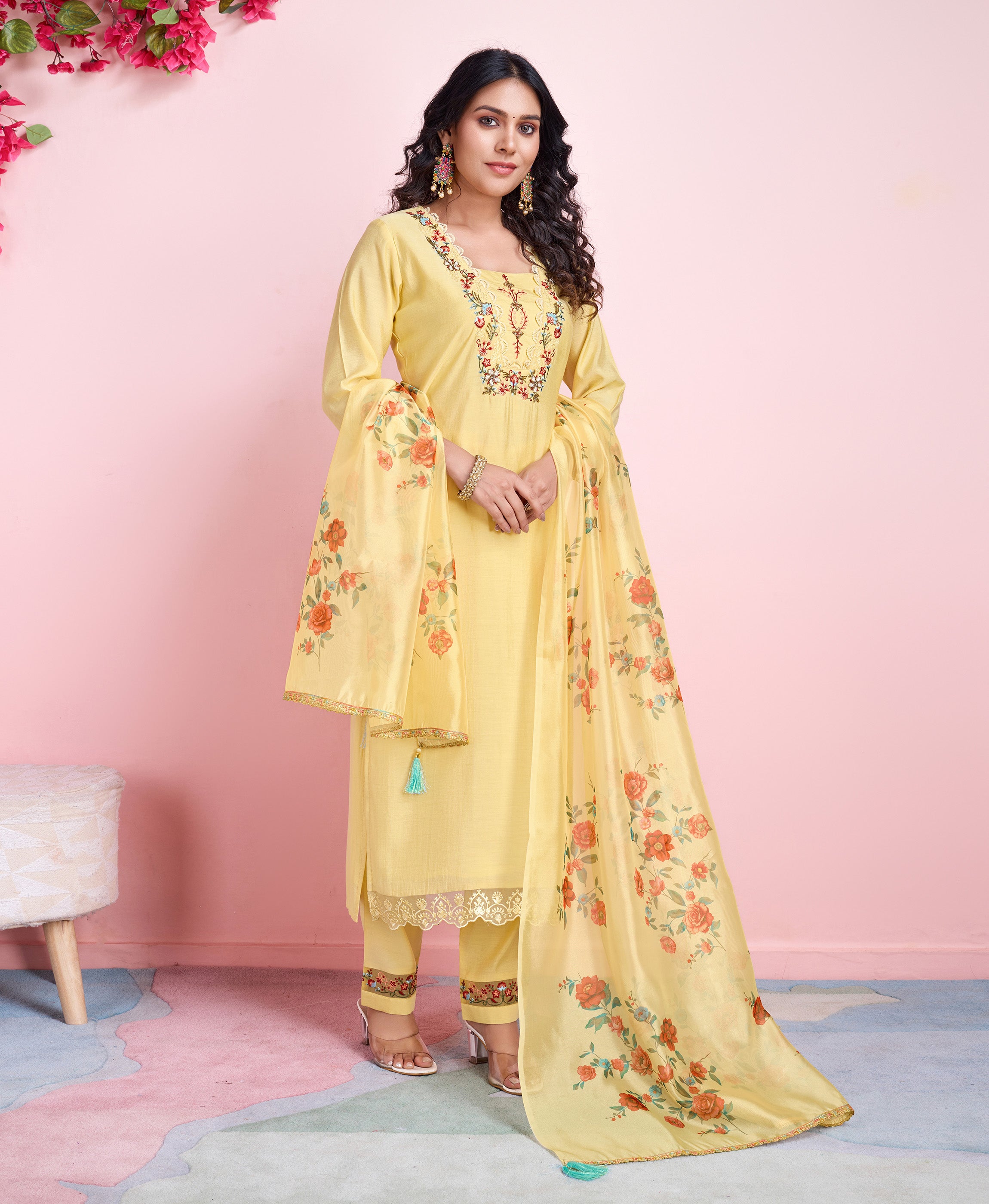 Her Couture Women's Yellow Viscose Silk Floral Embroidered Straight Kurta With Pant & Dupatta