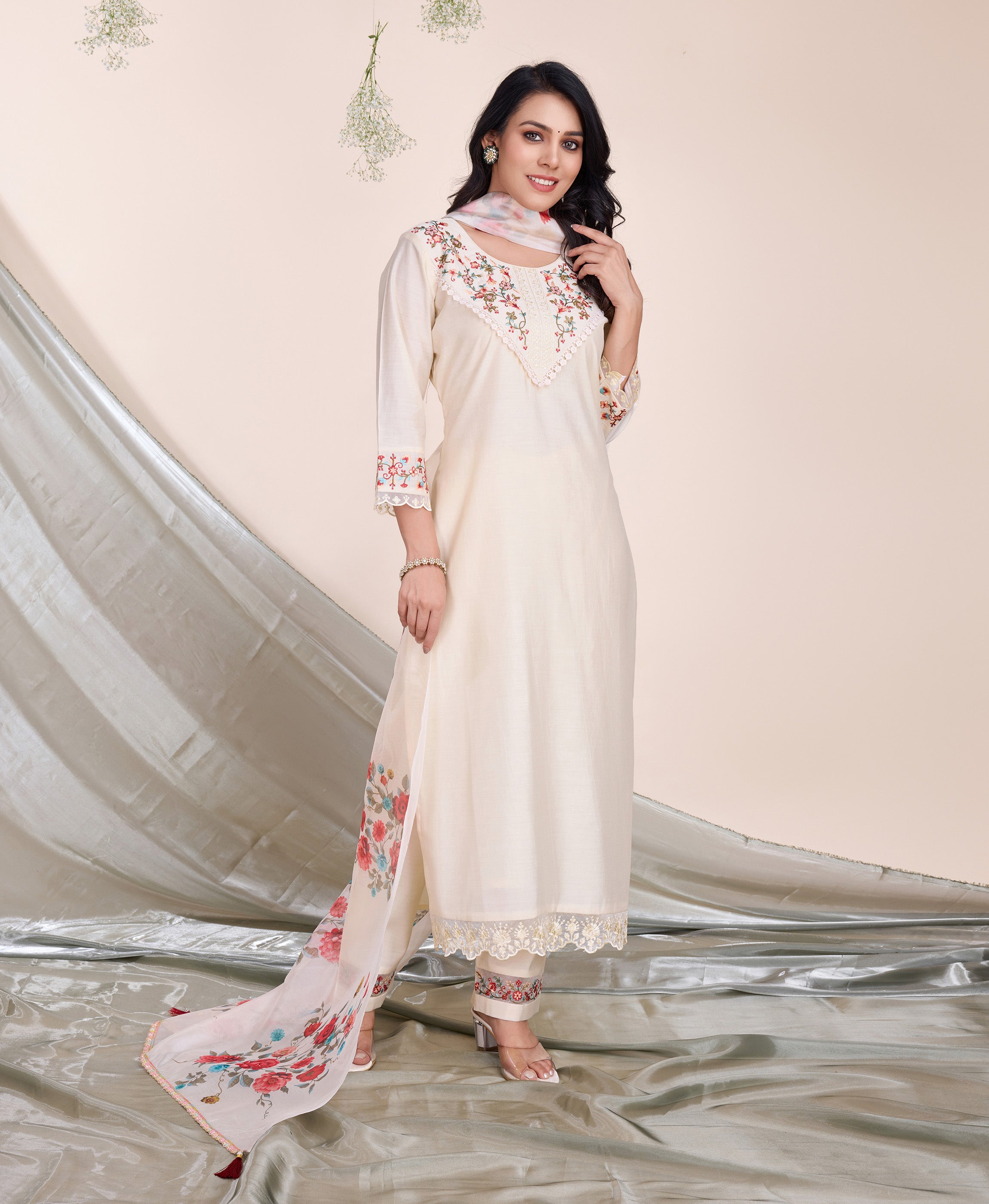 Her Couture Women's Cream Viscose Silk Floral Embroidered Straight Kurta With Pant & Dupatta