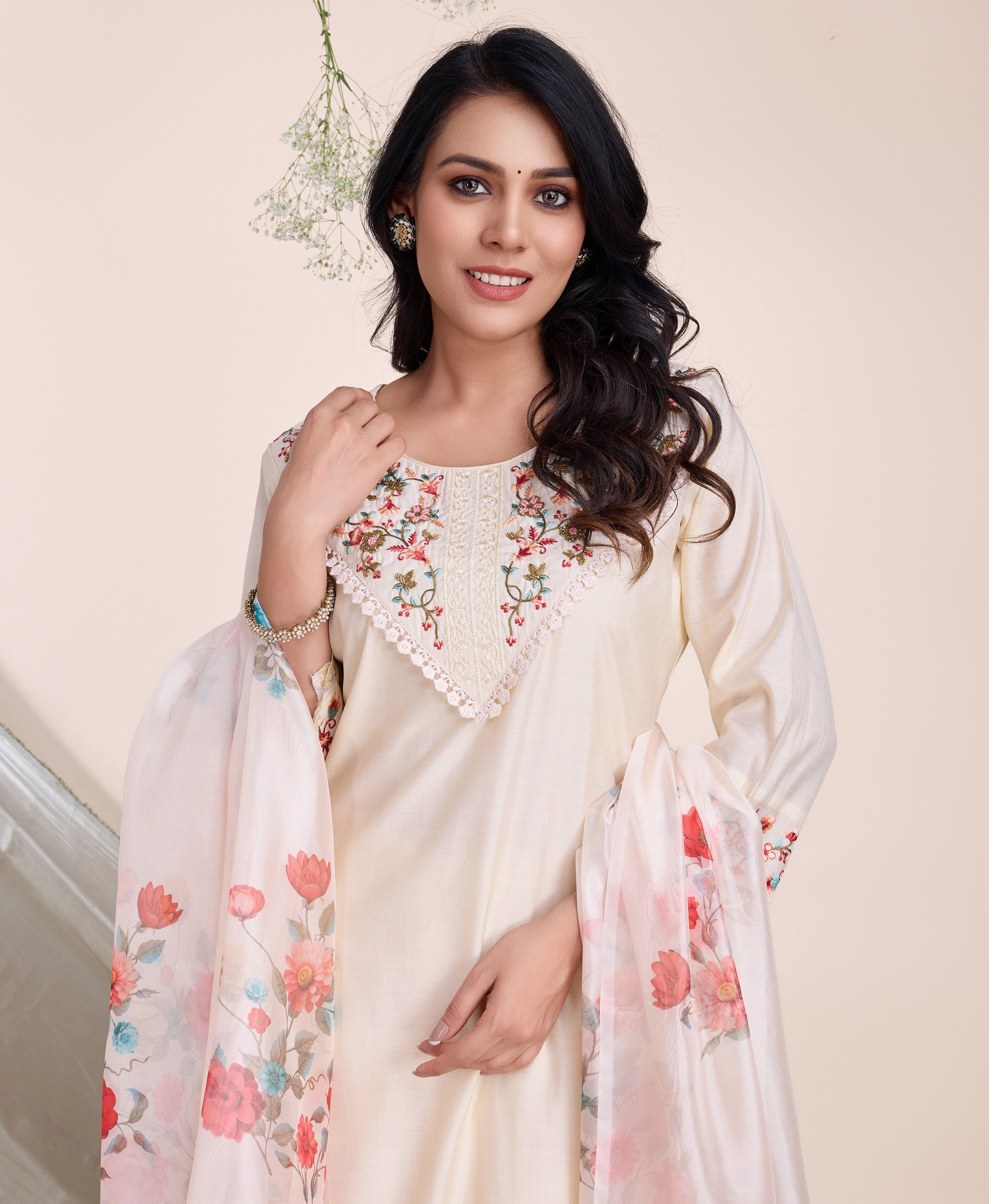 Her Couture Women's Cream Viscose Silk Floral Embroidered Straight Kurta With Pant & Dupatta