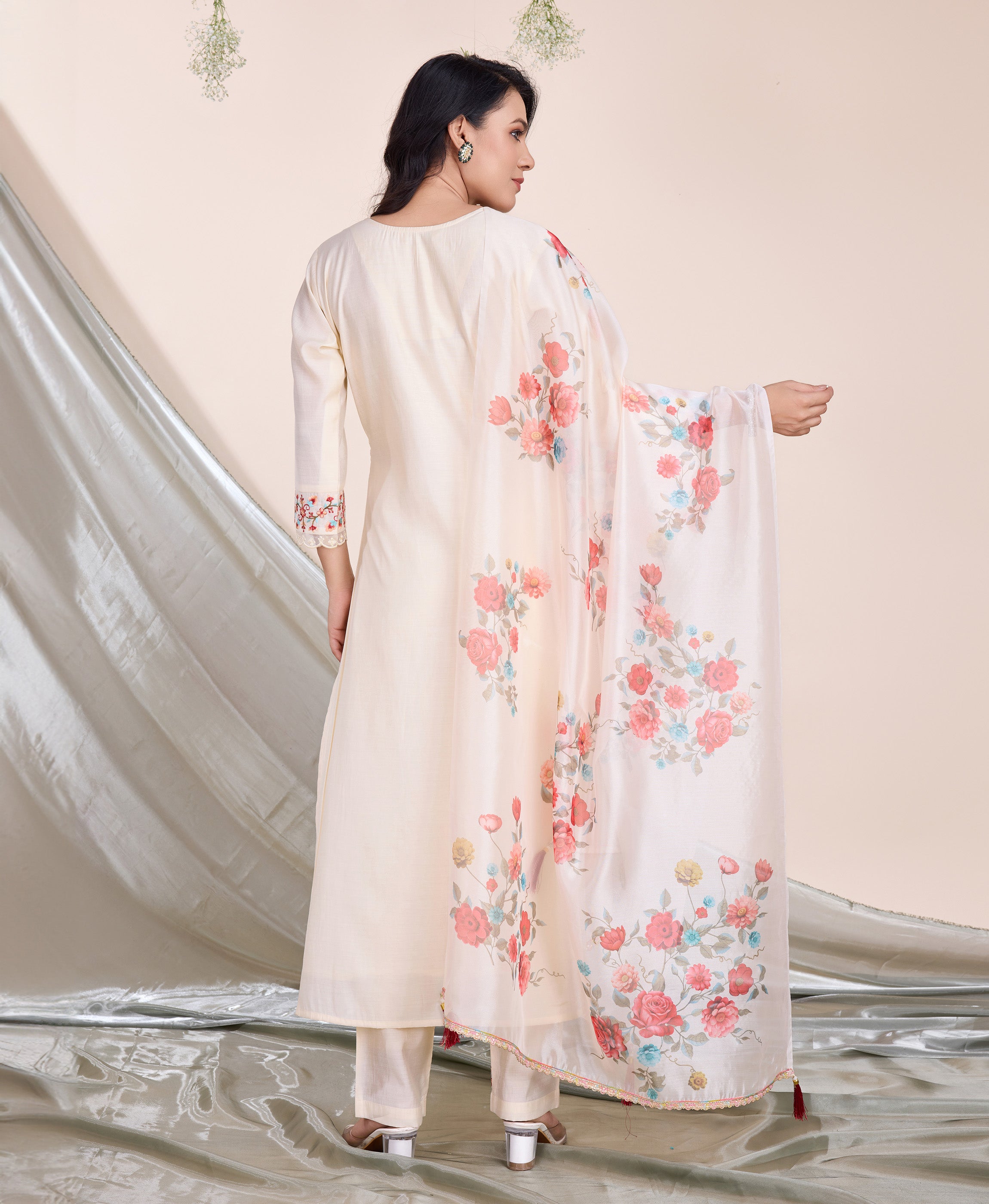 Her Couture Women's Cream Viscose Silk Floral Embroidered Straight Kurta With Pant & Dupatta