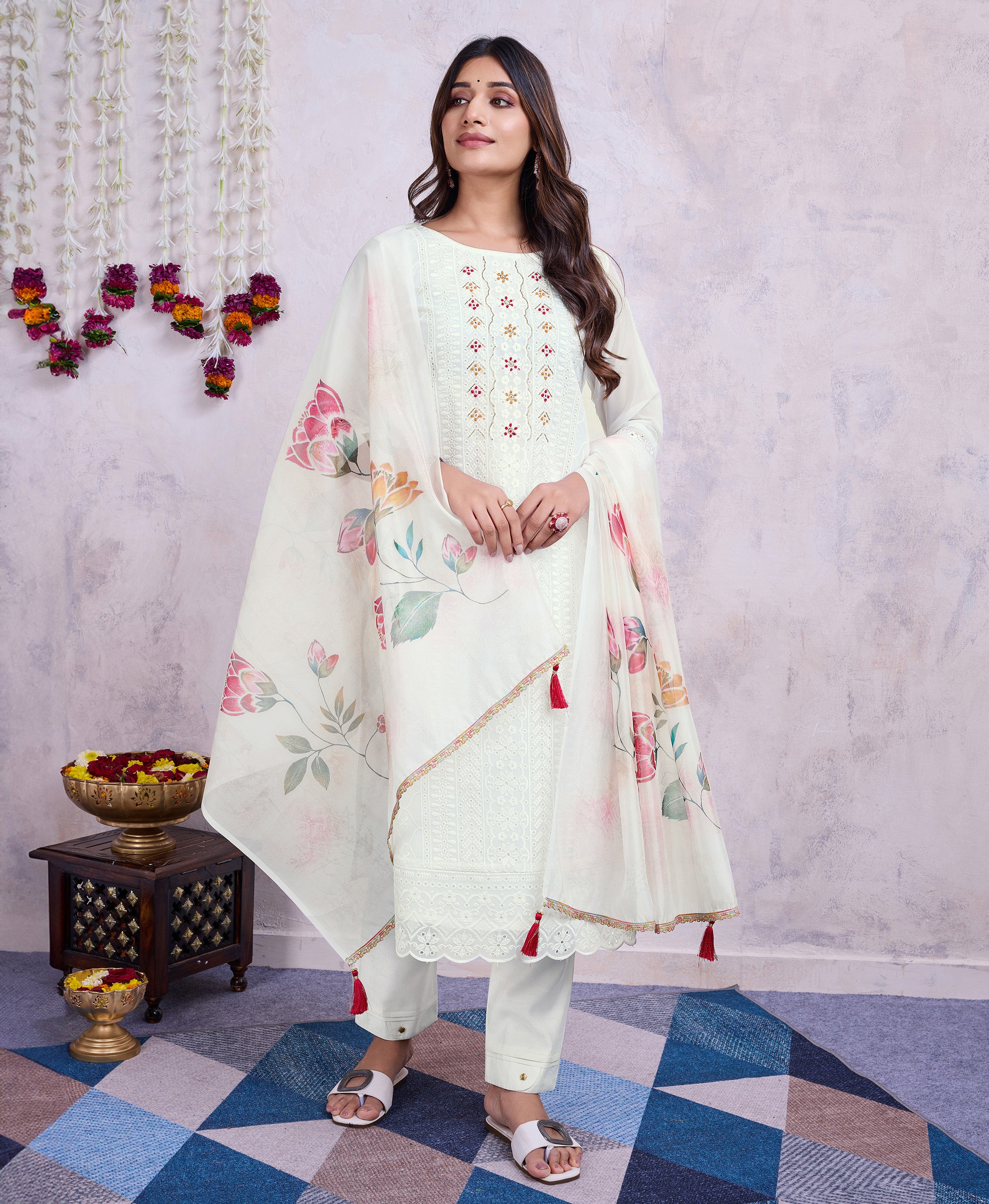 White Organza Straight Festive & Party Kurta Set by Her Couture