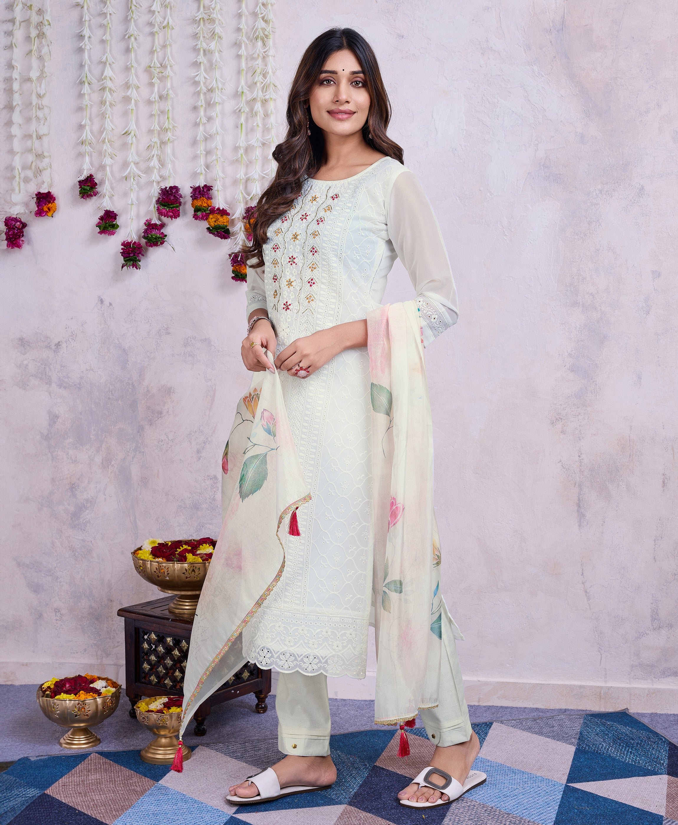 Her Couture Women's White Organza Chikankari Kantha Work Straight Kurta With Pant & Dupatta