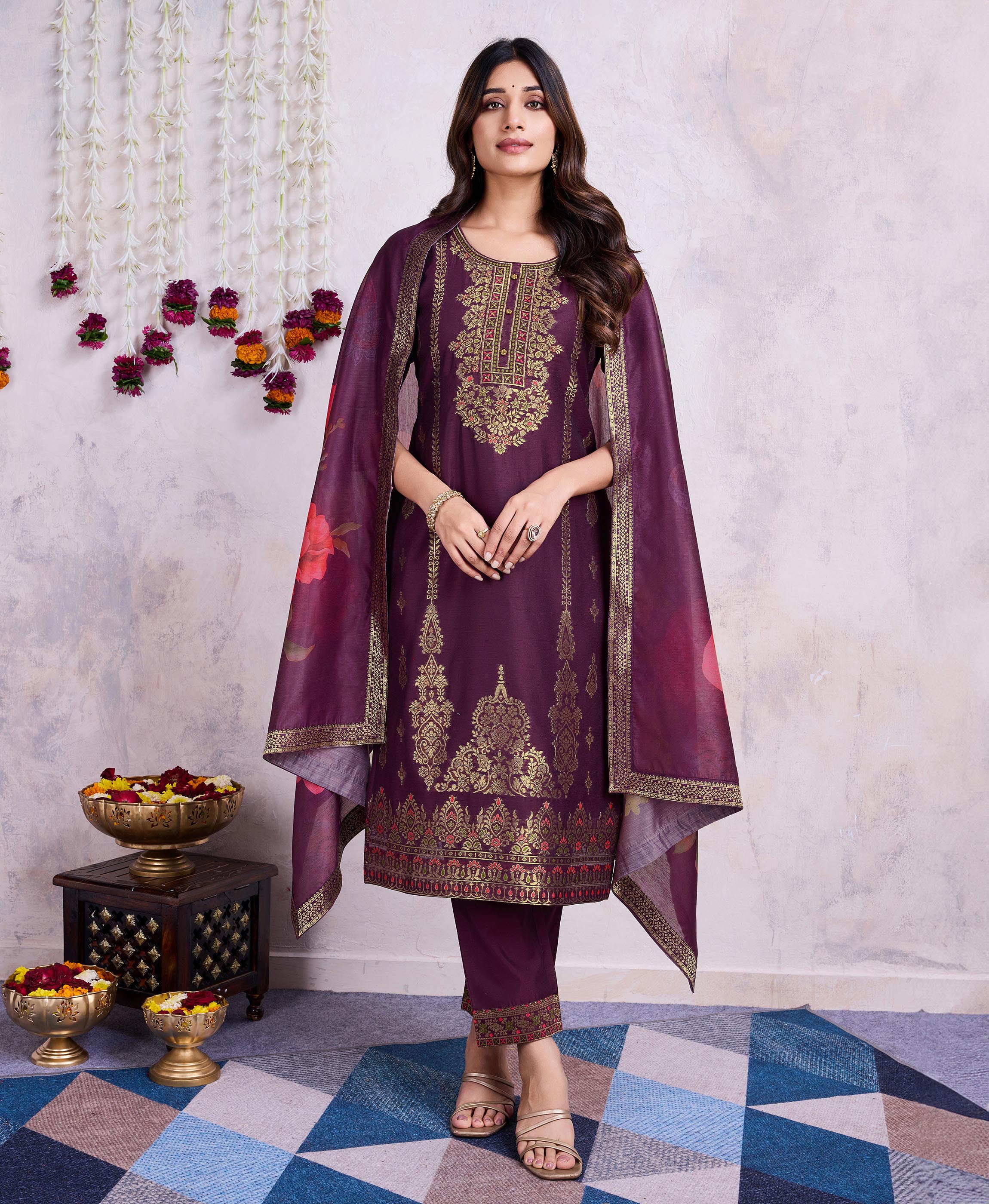 Wine Chanderi Silk Straight Festive & Party Kurta Set by Her Couture
