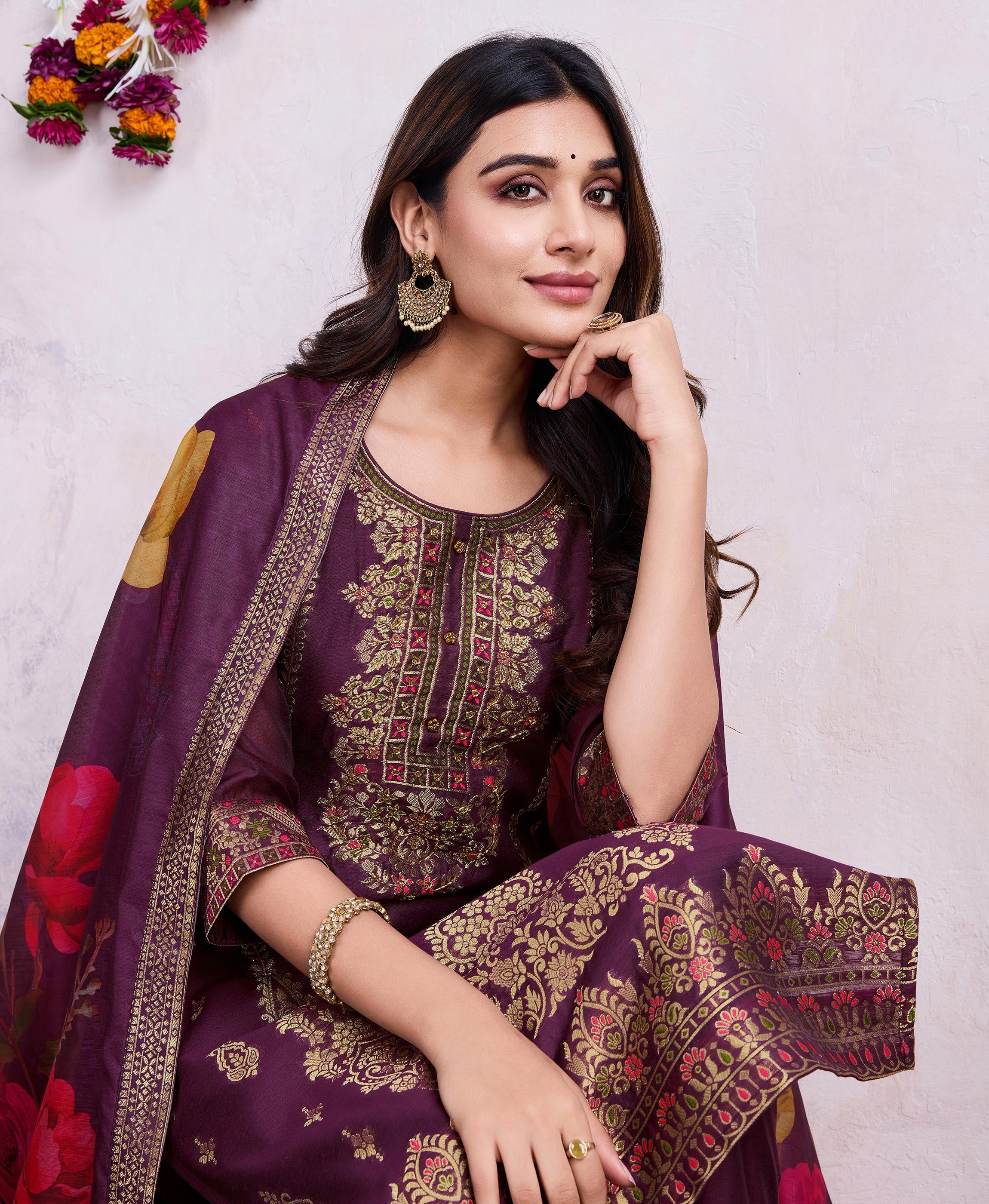 Her Couture Women's Wine Chanderi Silk Ethnic Motifs Jacquard Straight Kurta With Pant & Dupatta