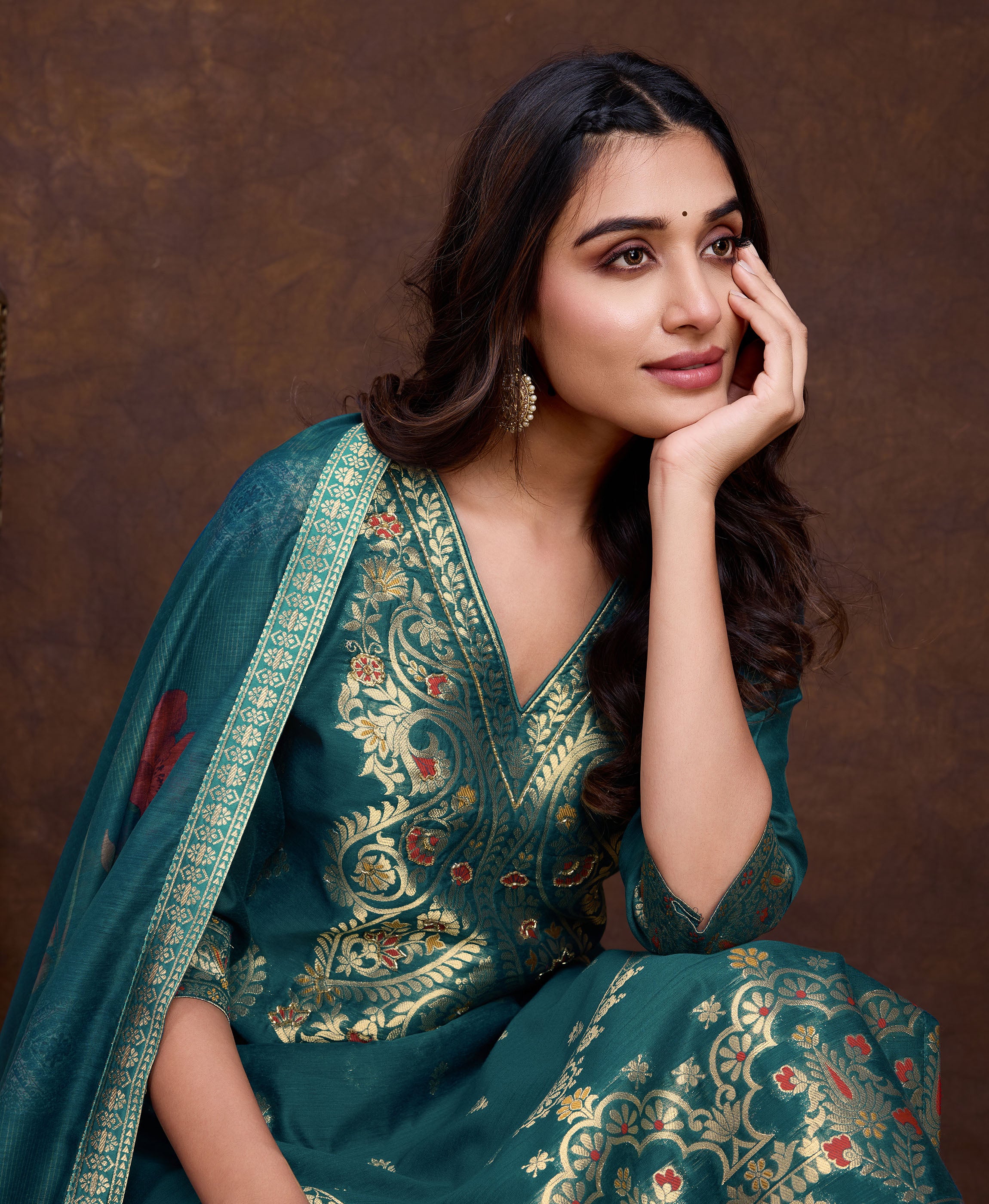 Her Couture Women's Teal Green Chanderi Silk Paisley Jacquard Straight Kurta With Pant & Dupatta