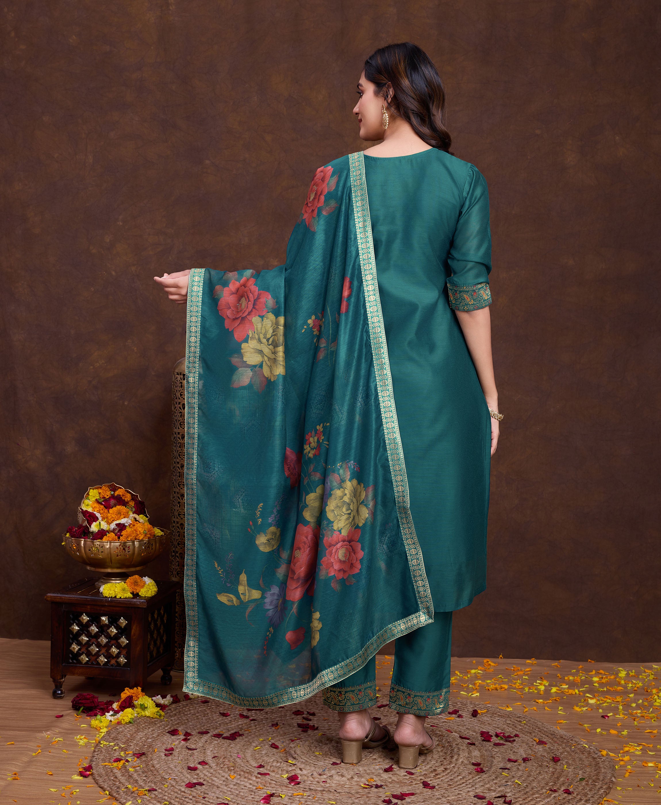 Her Couture Women's Teal Green Chanderi Silk Paisley Jacquard Straight Kurta With Pant & Dupatta