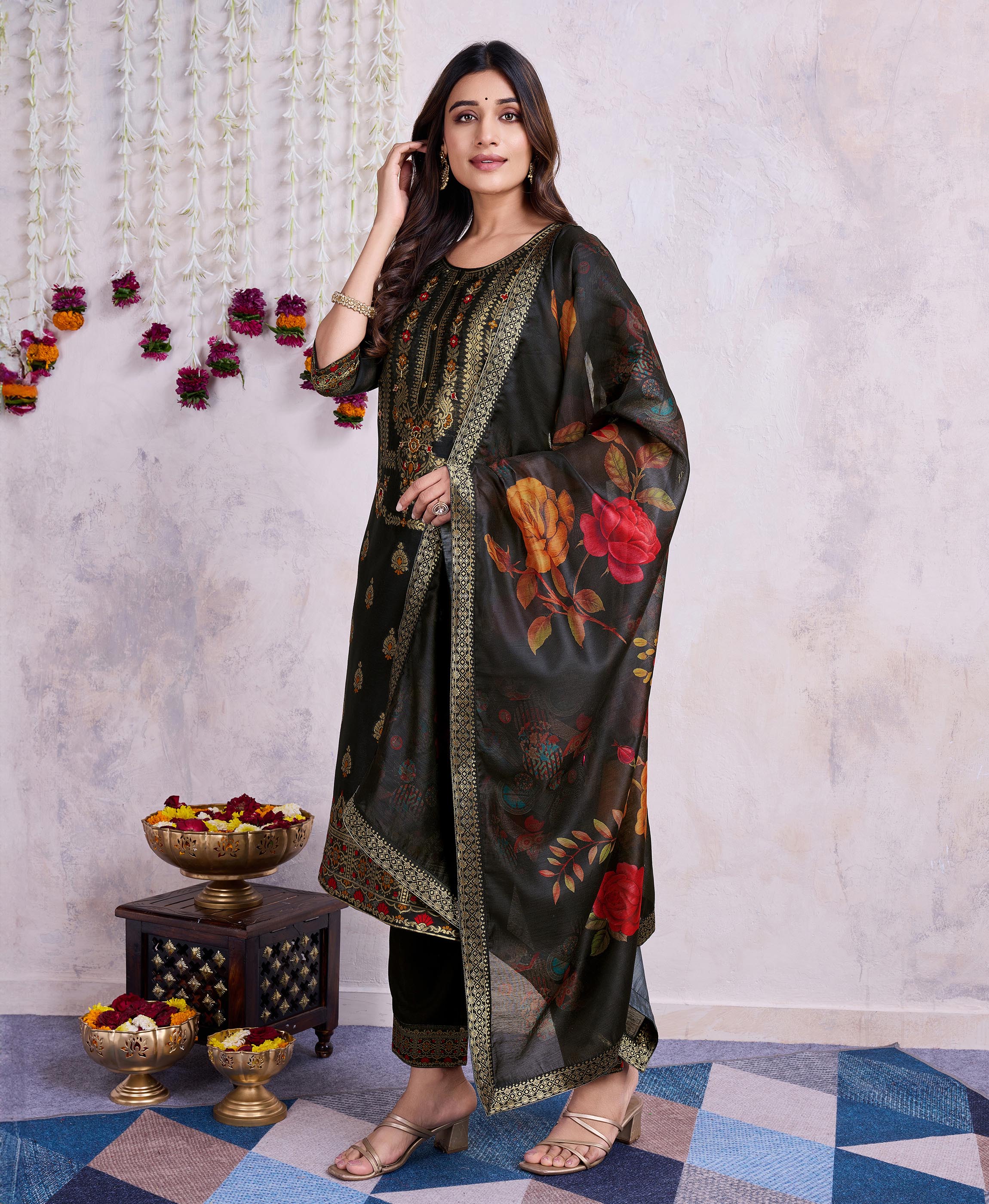 Her Couture Women's Black Chanderi Silk Ethnic Motifs Jacquard Straight Kurta With Pant & Dupatta