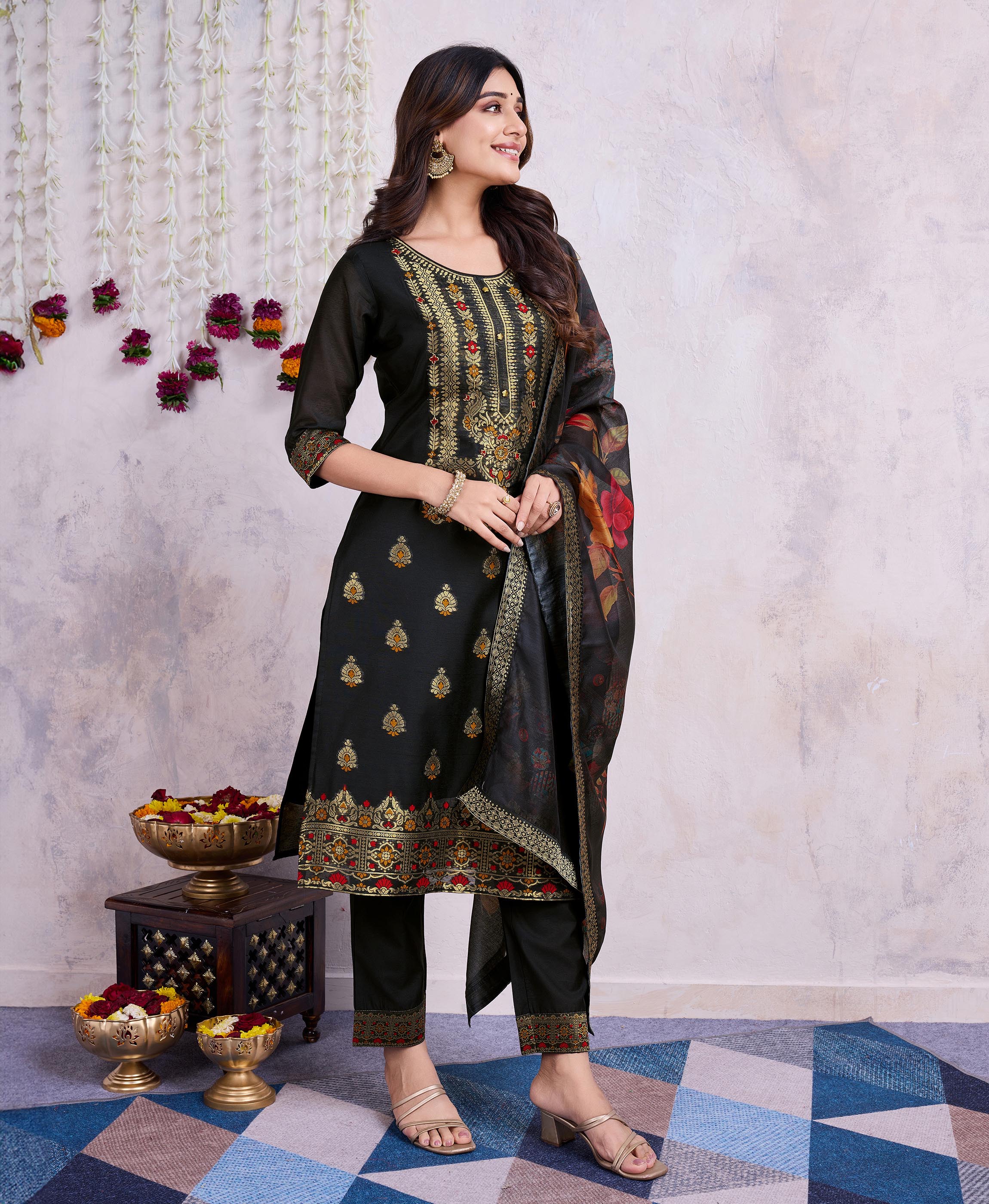 Her Couture Women's Black Chanderi Silk Ethnic Motifs Jacquard Straight Kurta With Pant & Dupatta