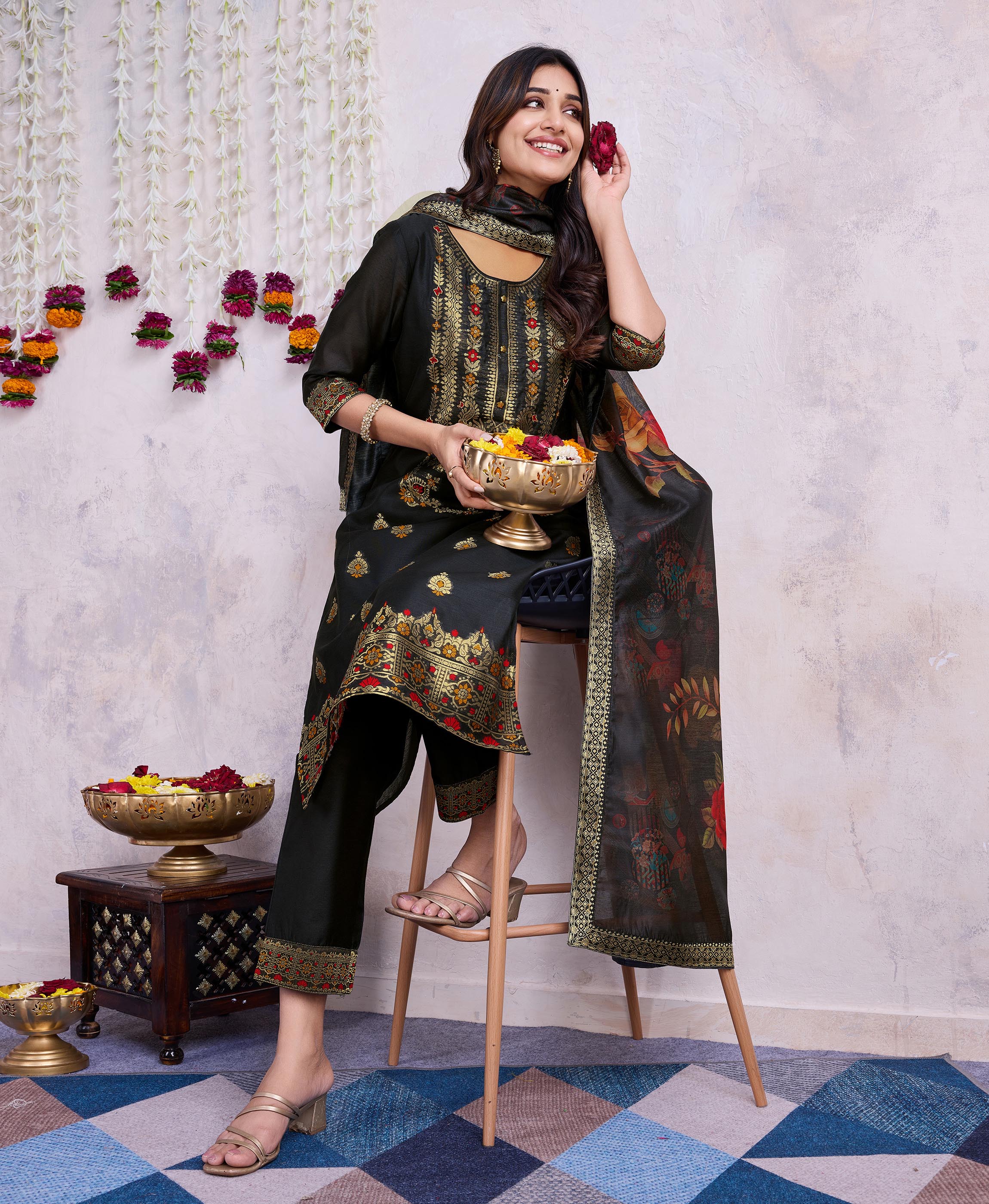 Her Couture Women's Black Chanderi Silk Ethnic Motifs Jacquard Straight Kurta With Pant & Dupatta