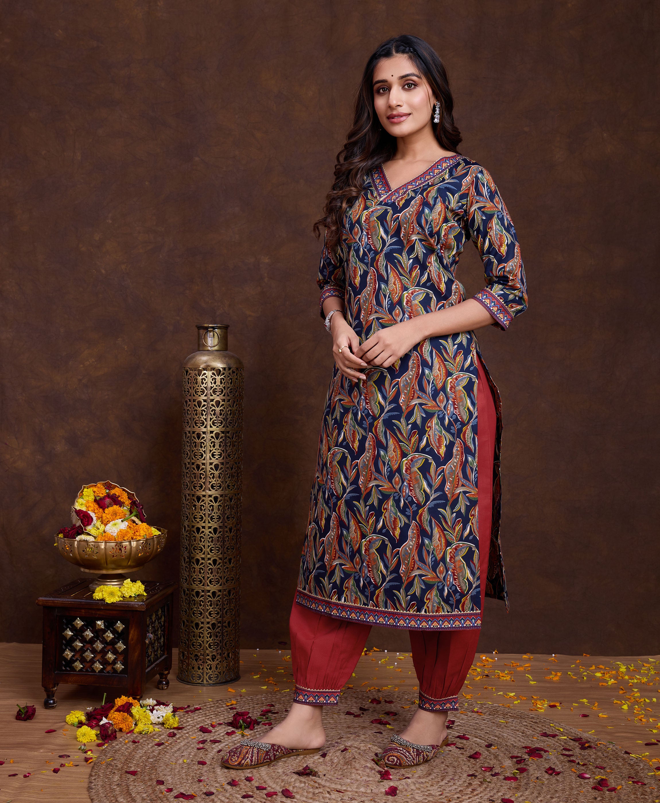 Her Couture Women's Navy Blue Cotton Leaf Printed Straight Kurta With Afghani Salwar