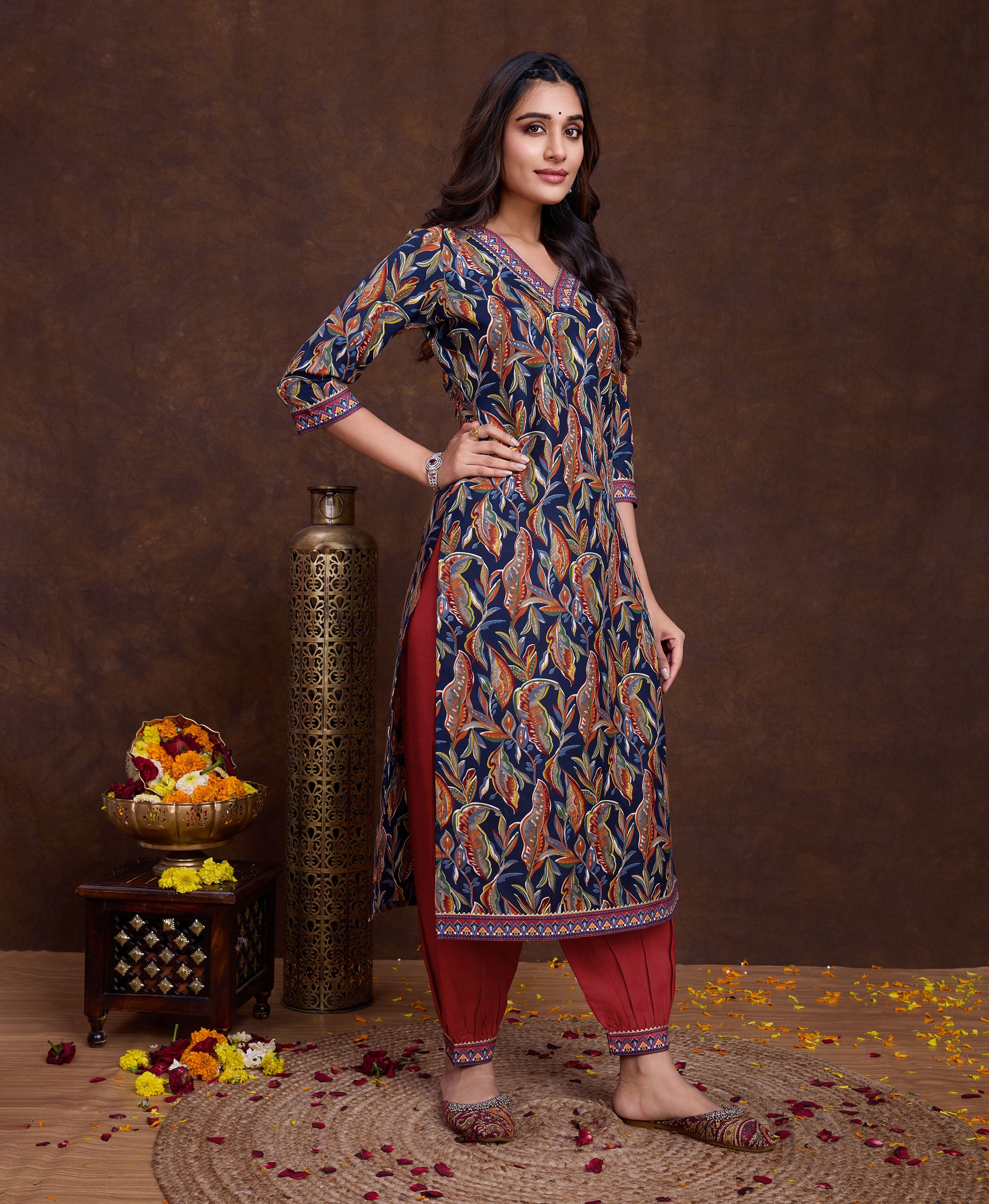 Her Couture Women's Navy Blue Cotton Leaf Printed Straight Kurta With Afghani Salwar
