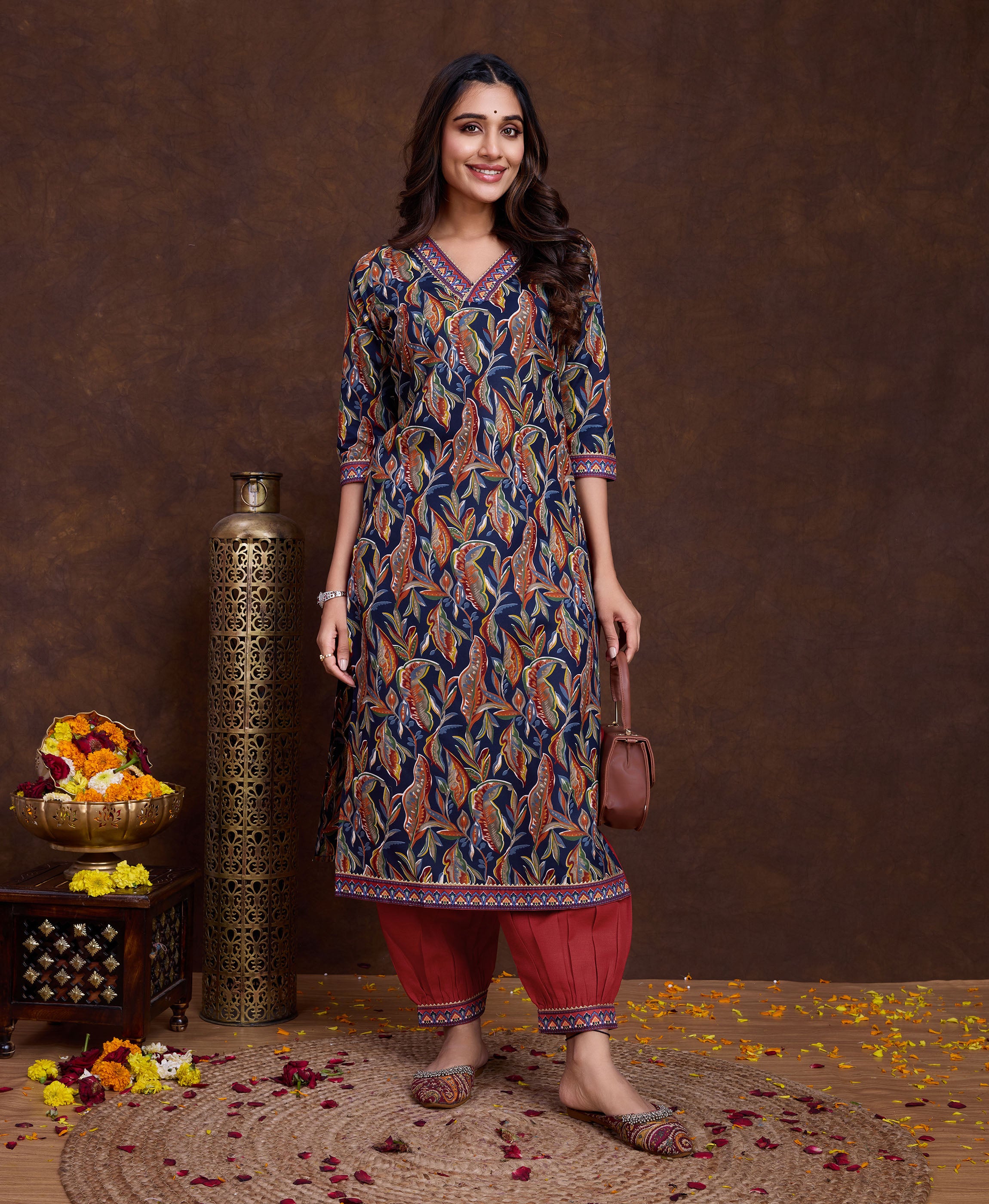 Her Couture Women's Navy Blue Cotton Leaf Printed Straight Kurta With Afghani Salwar