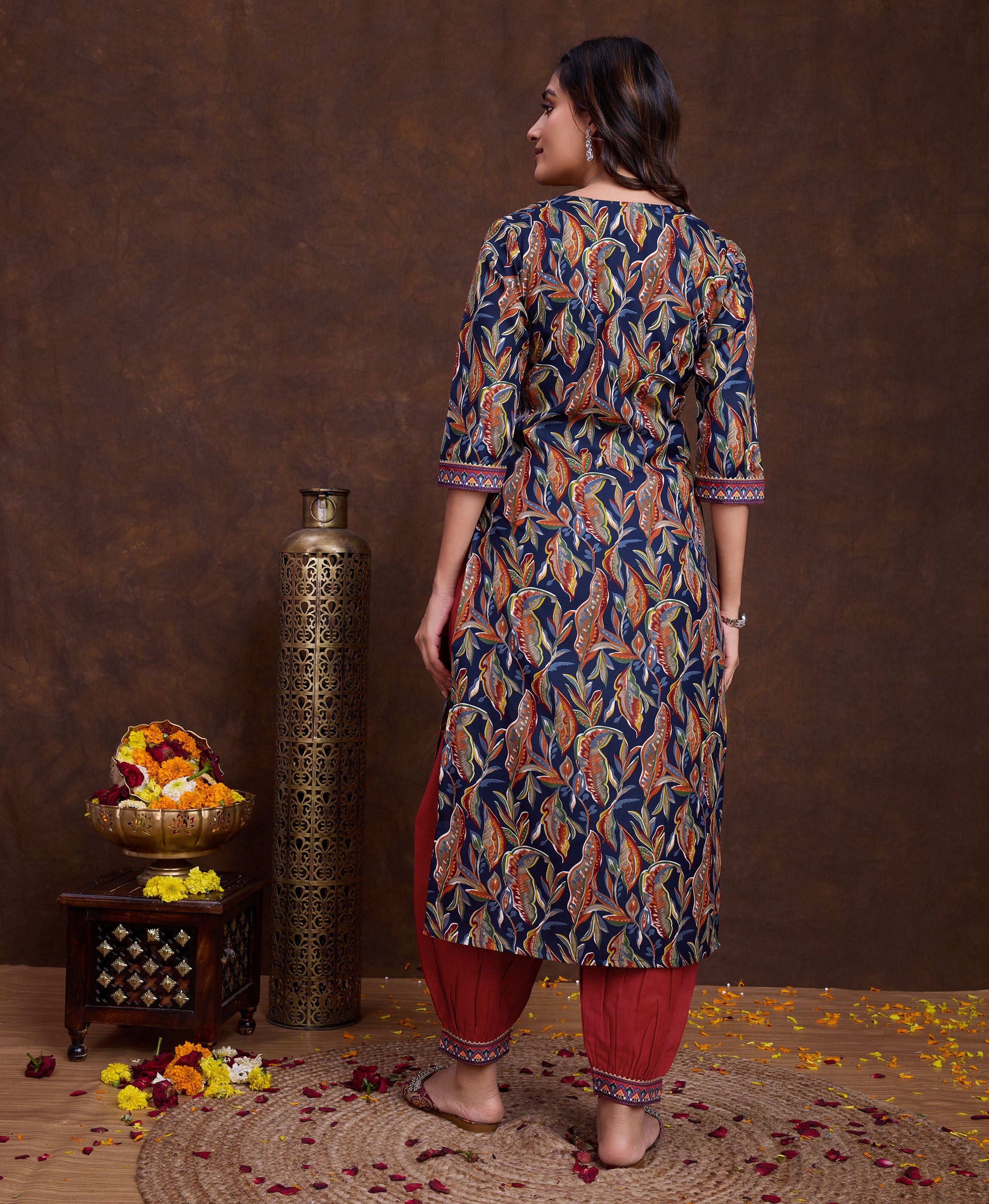 Her Couture Women's Navy Blue Cotton Leaf Printed Straight Kurta With Afghani Salwar