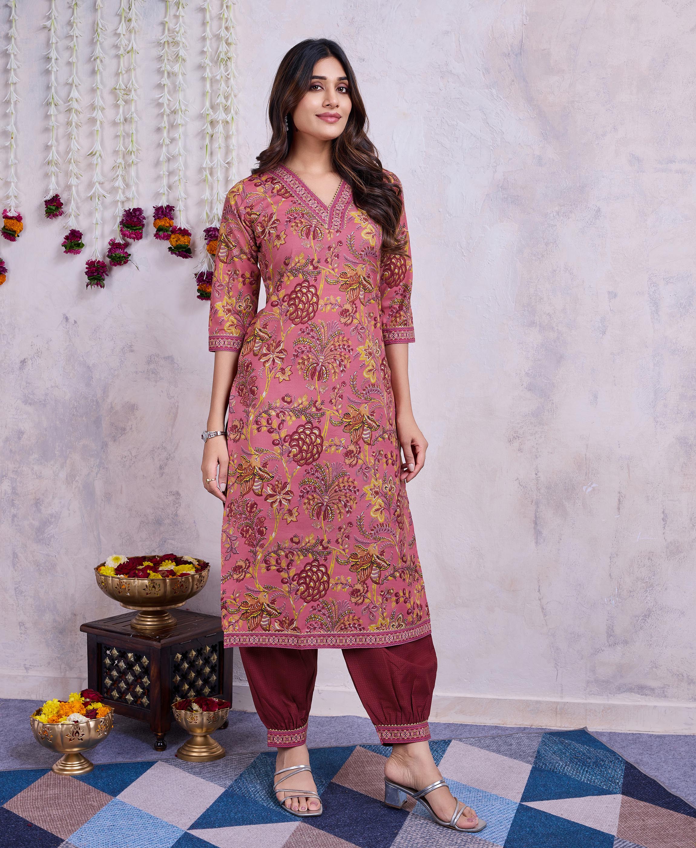 Mauve Cotton Straight Casual Kurta Set by Her Couture