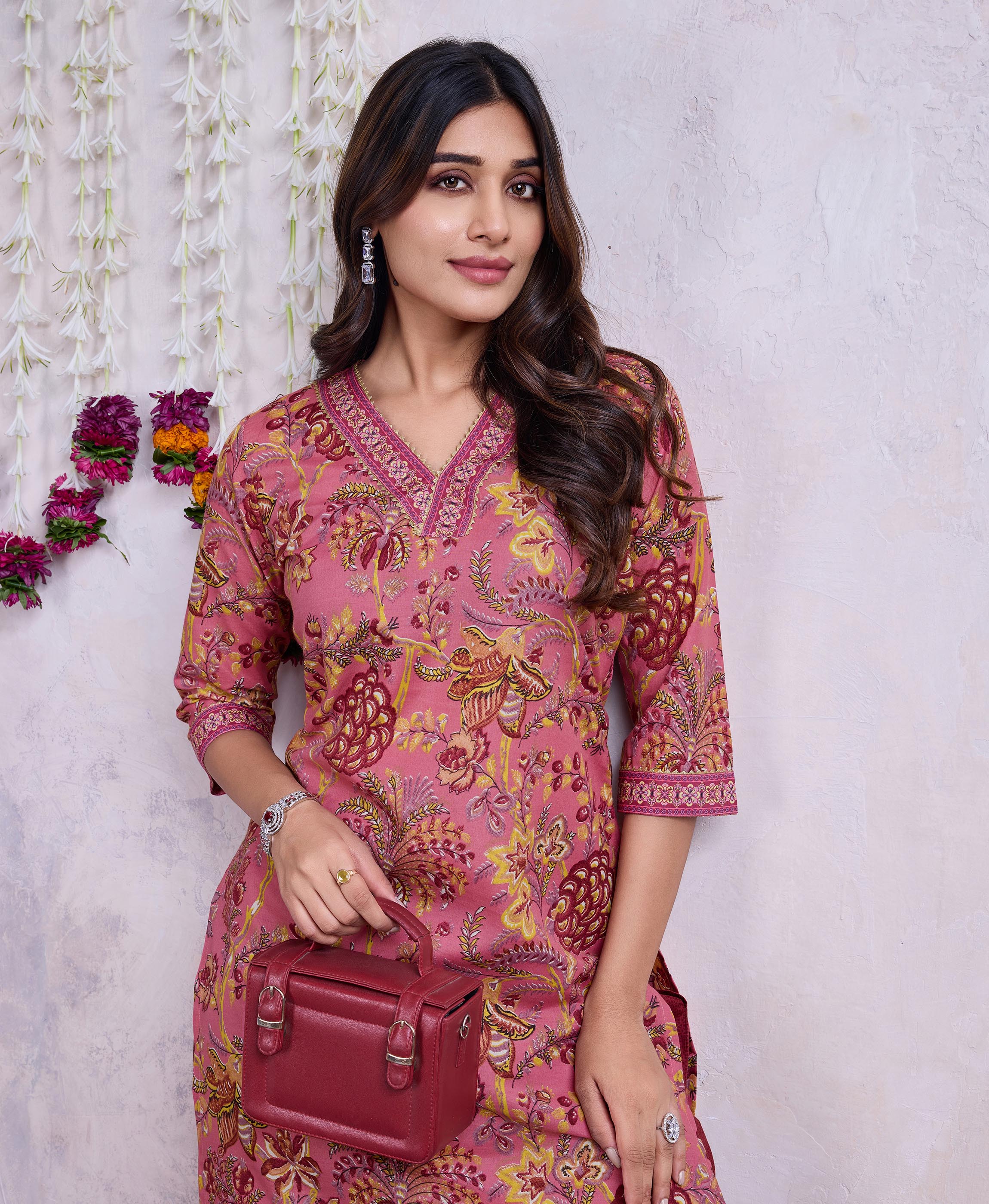 Her Couture Women's Mauve Cotton Floral Printed Straight Kurta With Afghani Salwar