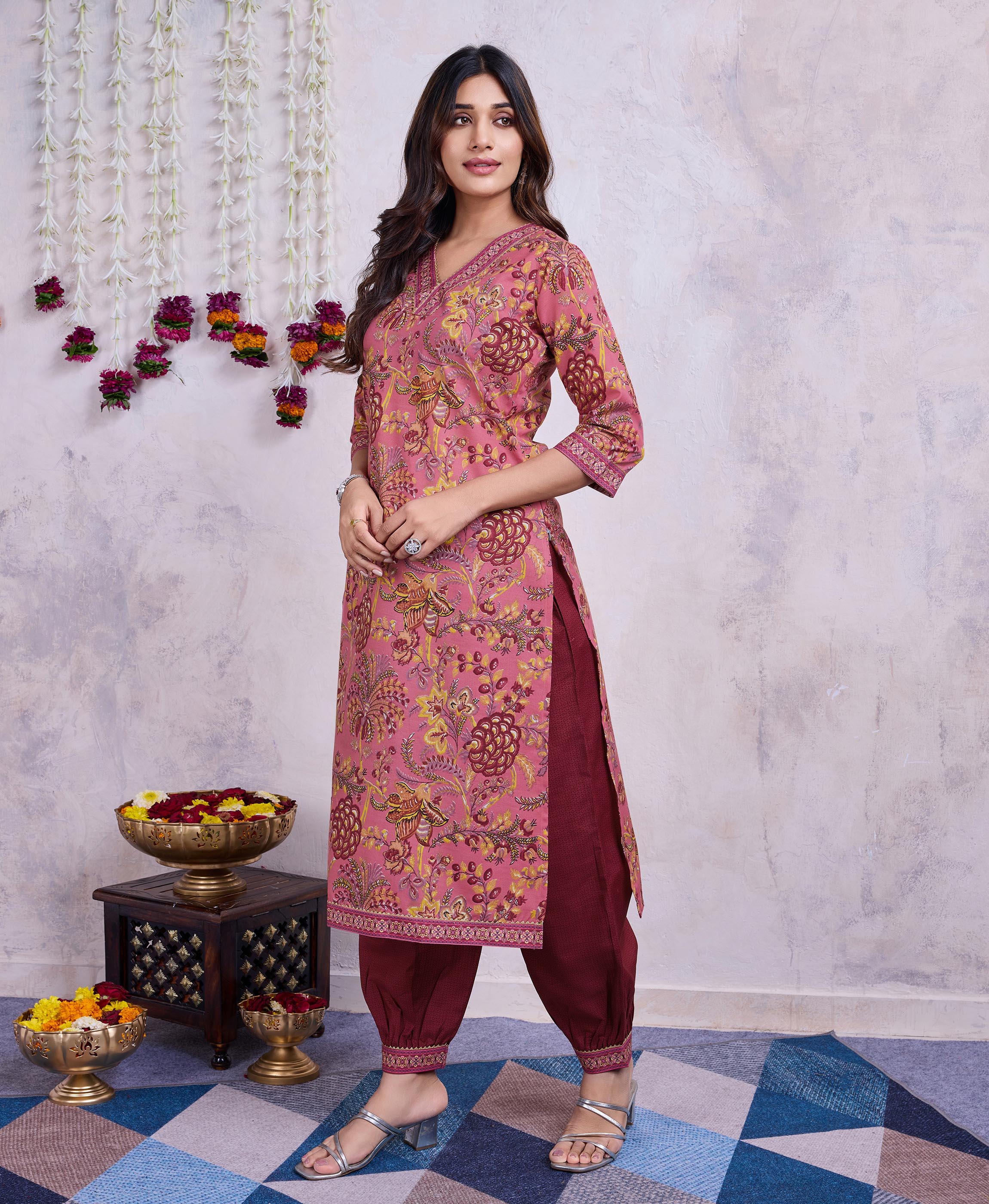 Her Couture Women's Mauve Cotton Floral Printed Straight Kurta With Afghani Salwar